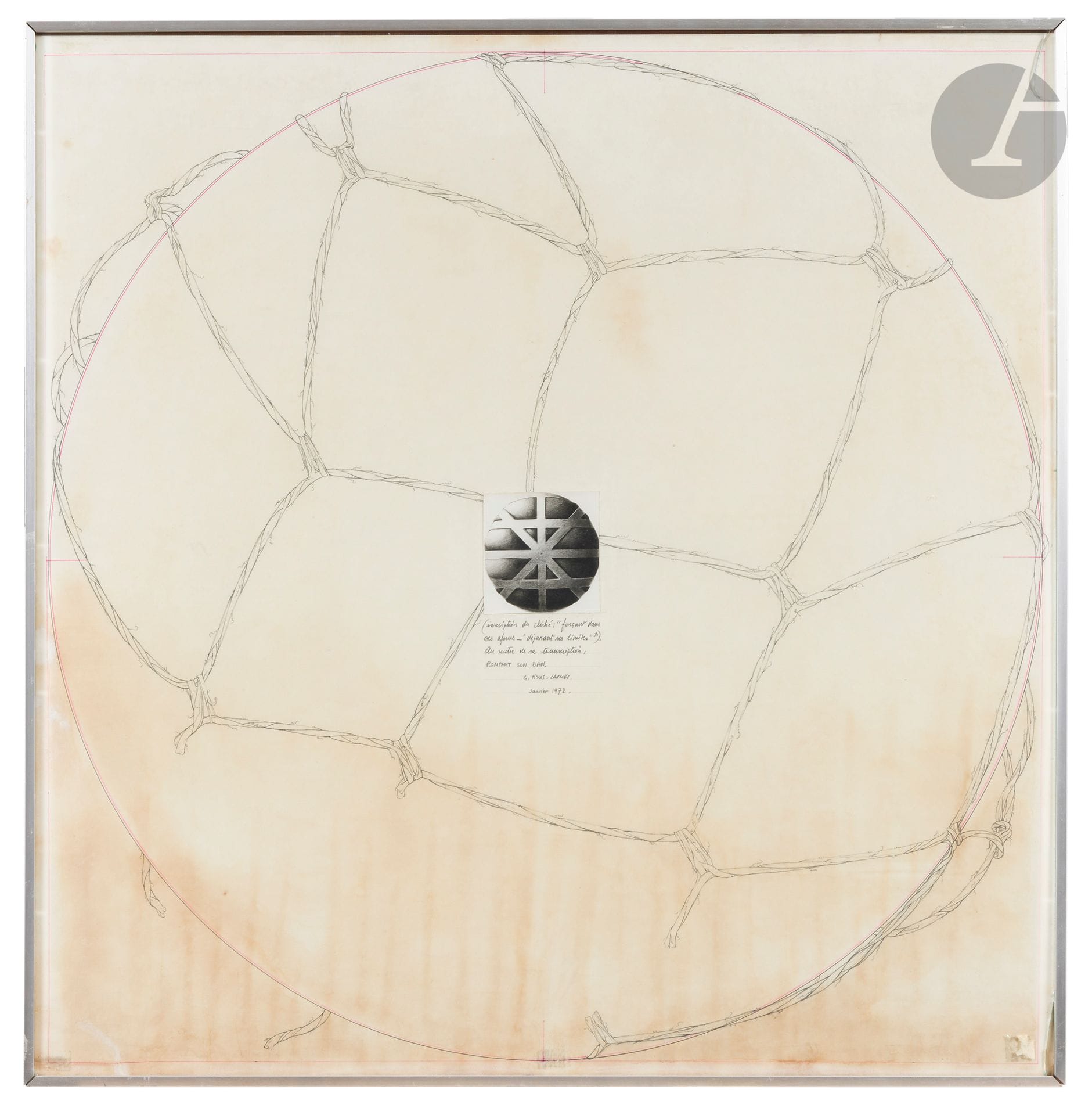 Gérard TITUS-CARMEL (né en 1942)
Inscription du cliché : ("forçant dans ses ajours" - "dépassant ses limites"), 1972
Stylo-bille rose, crayon et collage.
Signé, daté et titré au centre de la composition.
(Décolorations).
80 x 80 cm