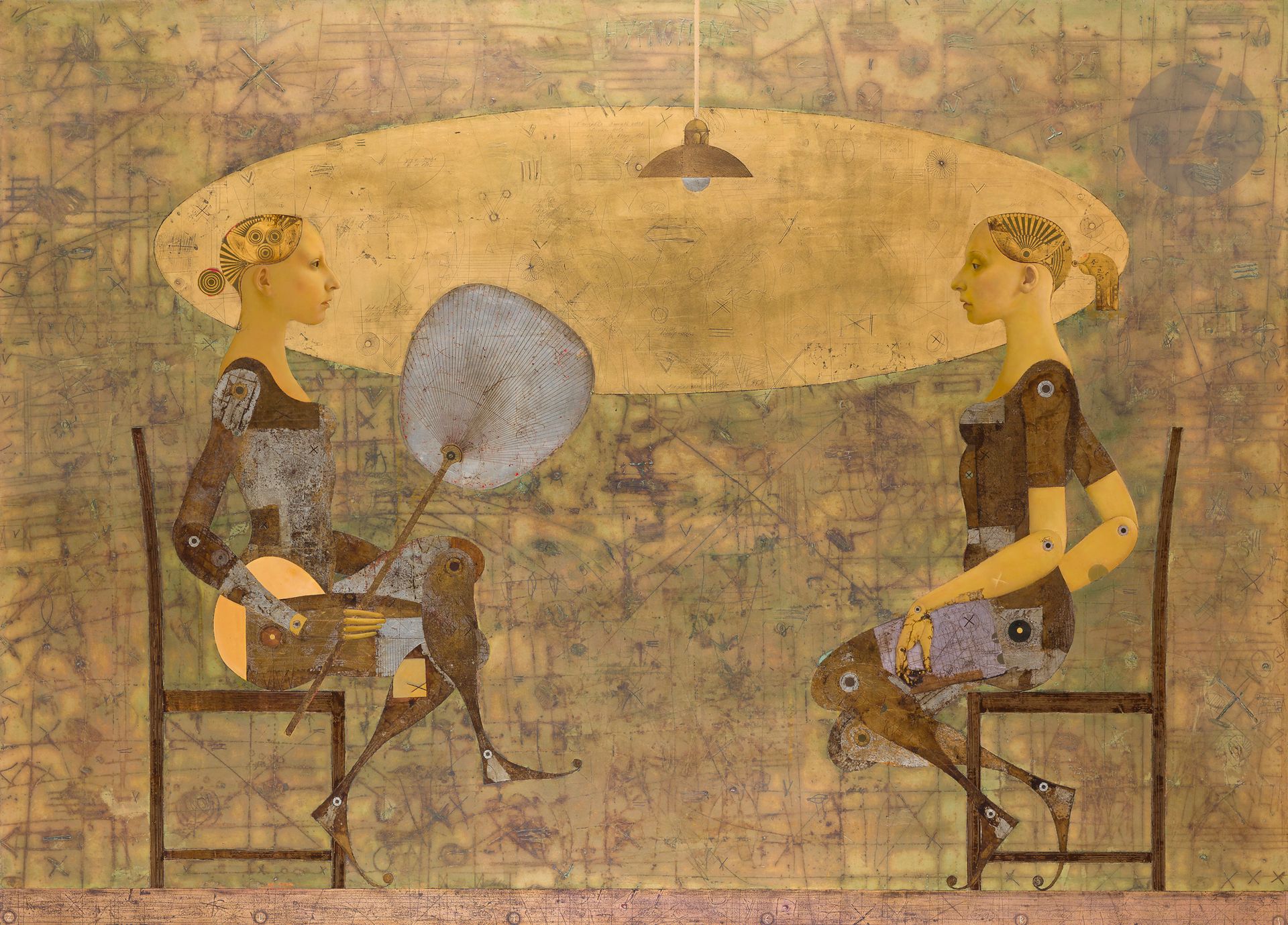 Kalvis ZUTERS [letton] (né en 1969)
Une séance d'hypnotisme II, 2001
Huile et métal sur toile.
Signée à plusieurs reprises dans la composition.
Signée, datée et titrée au dos.
130 x 180 cm