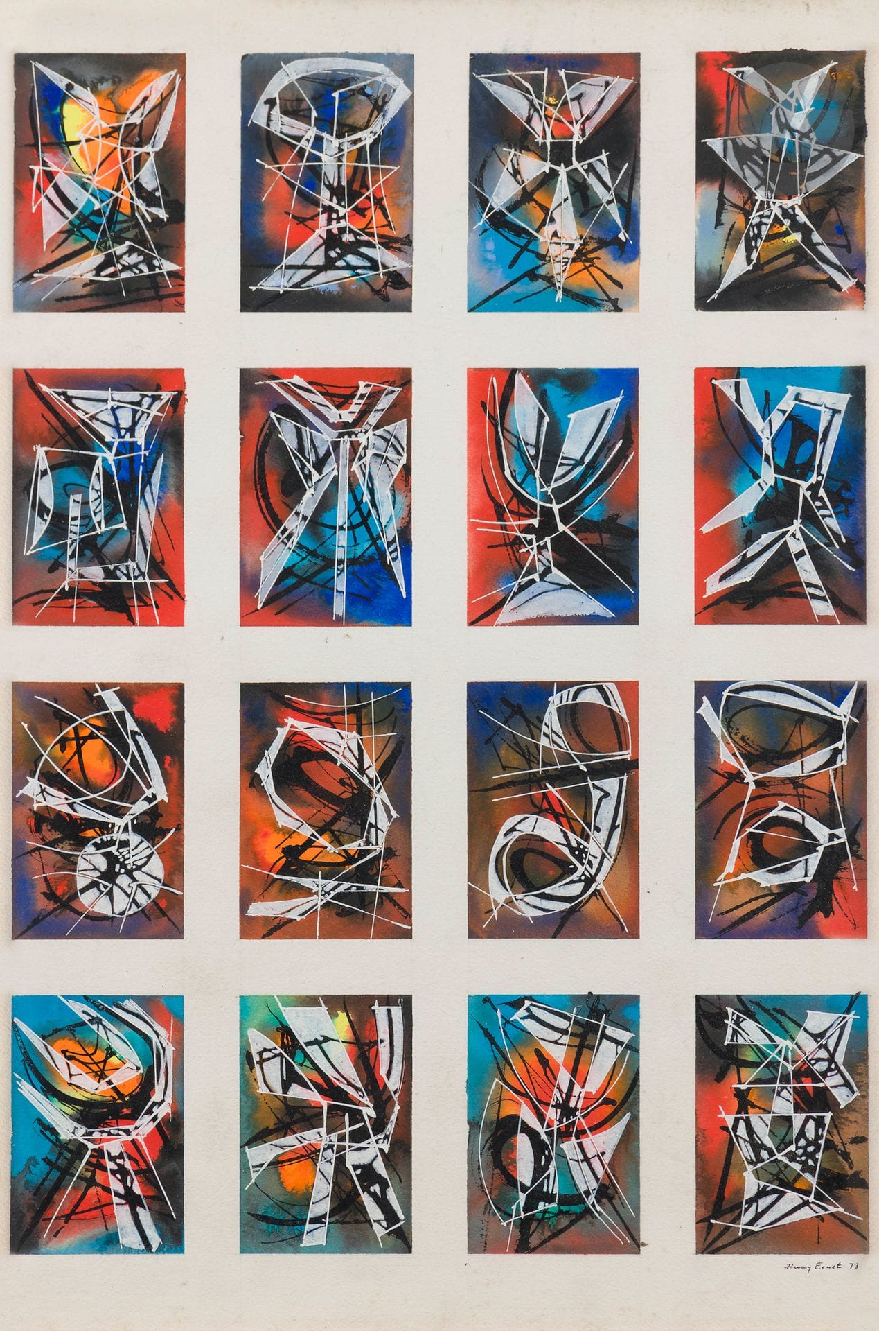 Jimmy ERNST [américain] (1920-1984)
Sixteen words, 1973
Gouache et encre.
Signée et datée en bas à droite.
59 x 39 cm

Provenance : 
Lucie Weill, Paris (étiquette au dos du montage).