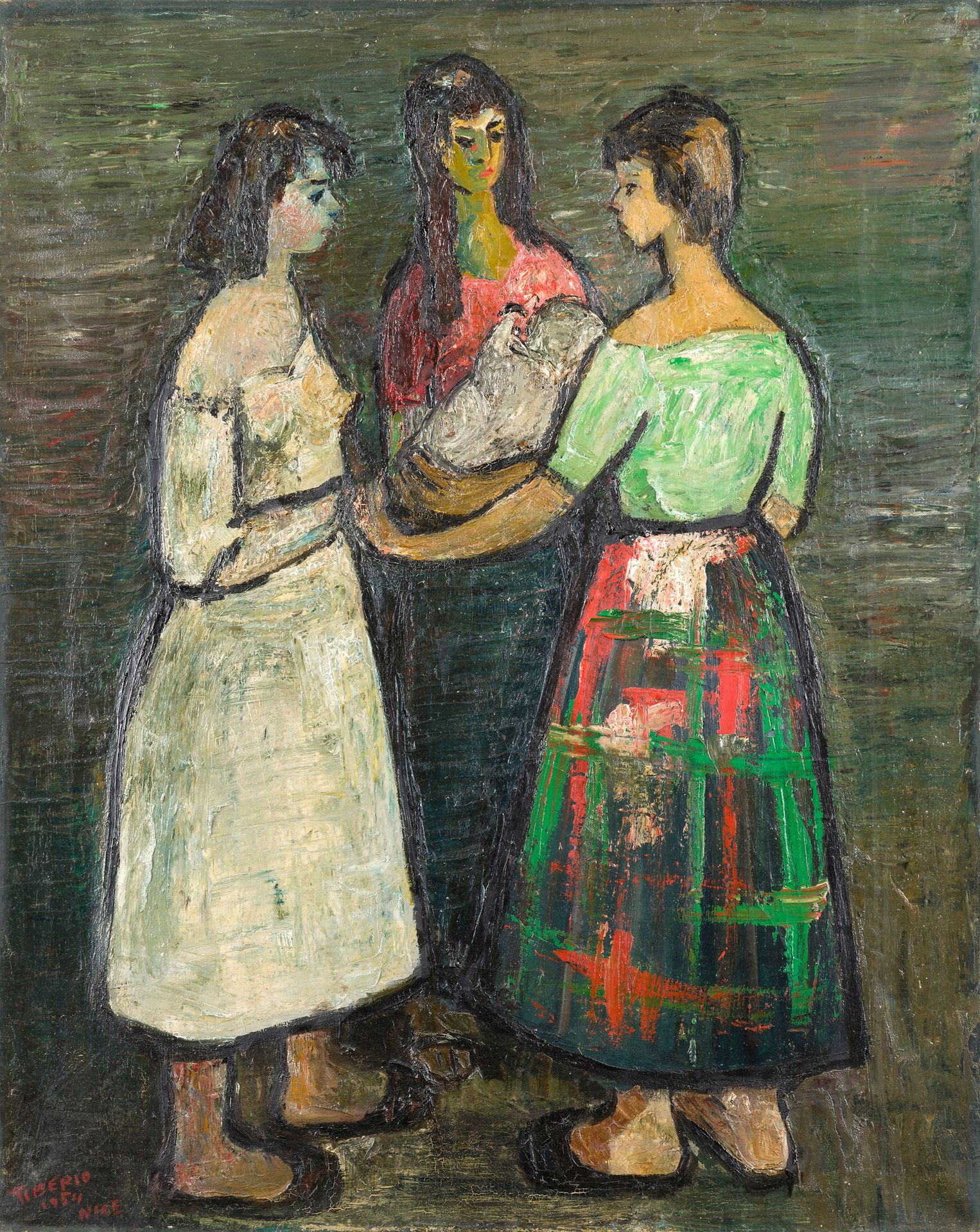 Wilson TIBERIO [brésilien] (1920-2005)
Trois femmes, 1954
Huile sur toile.
Signée, datée et située en bas à gauche.
92 x 73 cm