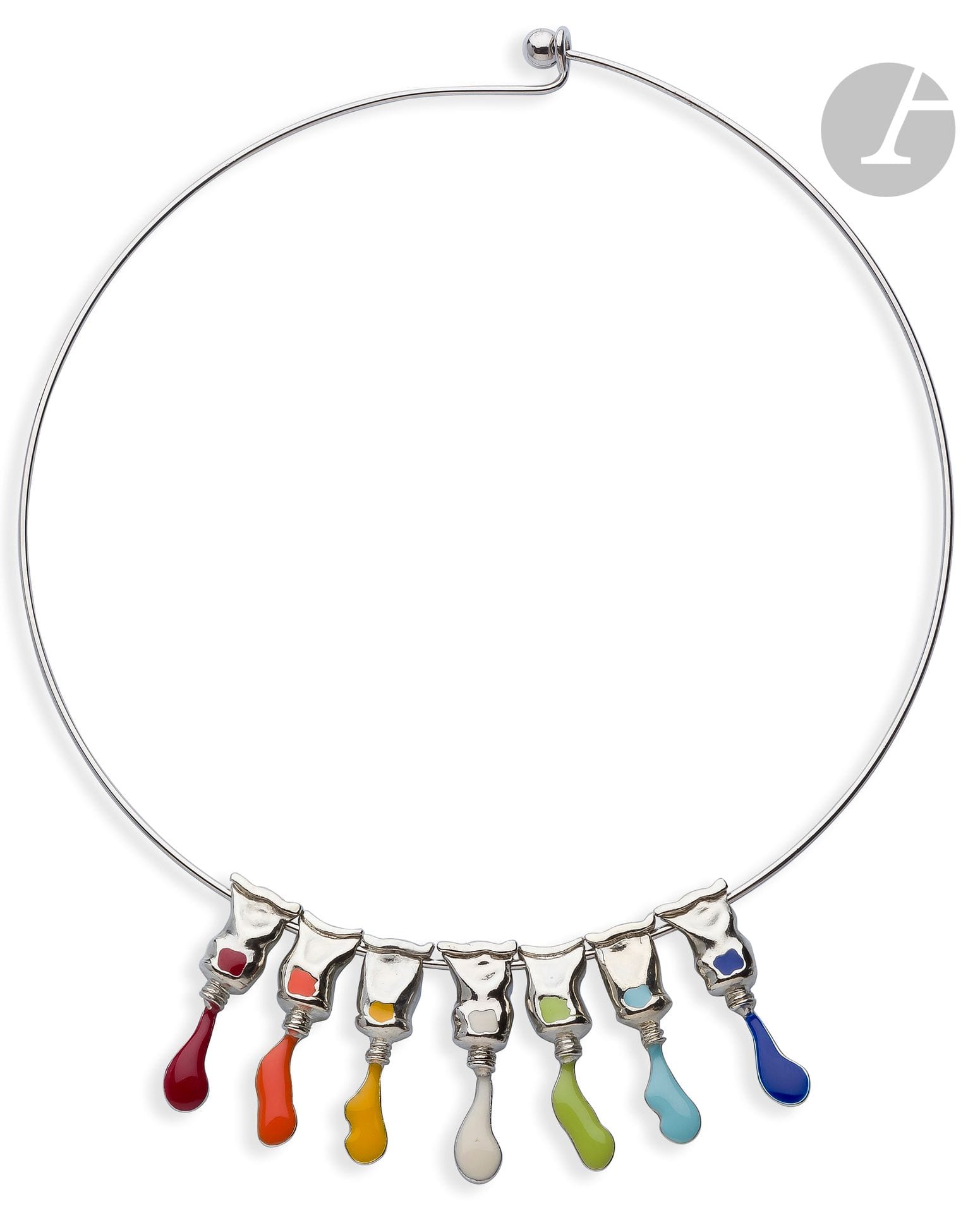 Armand FERNANDEZ dit ARMAN (1928-2005)
Tubes de peinture, 2001
Collier en métal argenté et émail.
Signé, daté et copyright sur chaque tube.
Hauteur des tubes : 3,4 cm
Diamètre : 14 cm