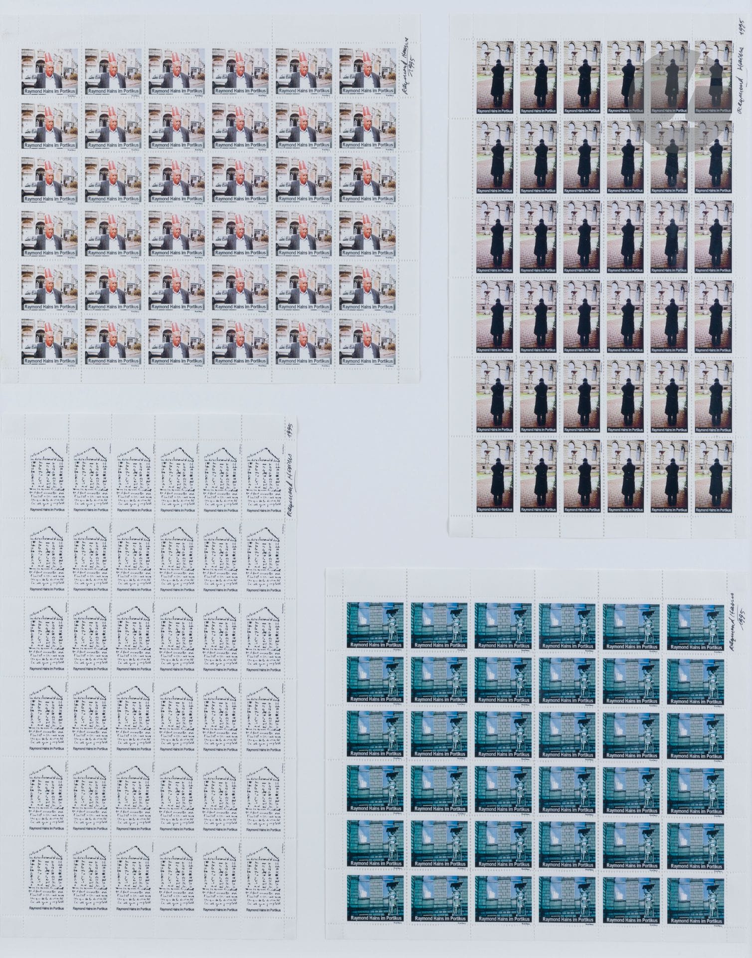 Raymond HAINS (1926-2005)
Raymond Hains im Portikus, 1995
4 planches de timbres dans un même montage.
Signées et datées.
58 x 58 cm