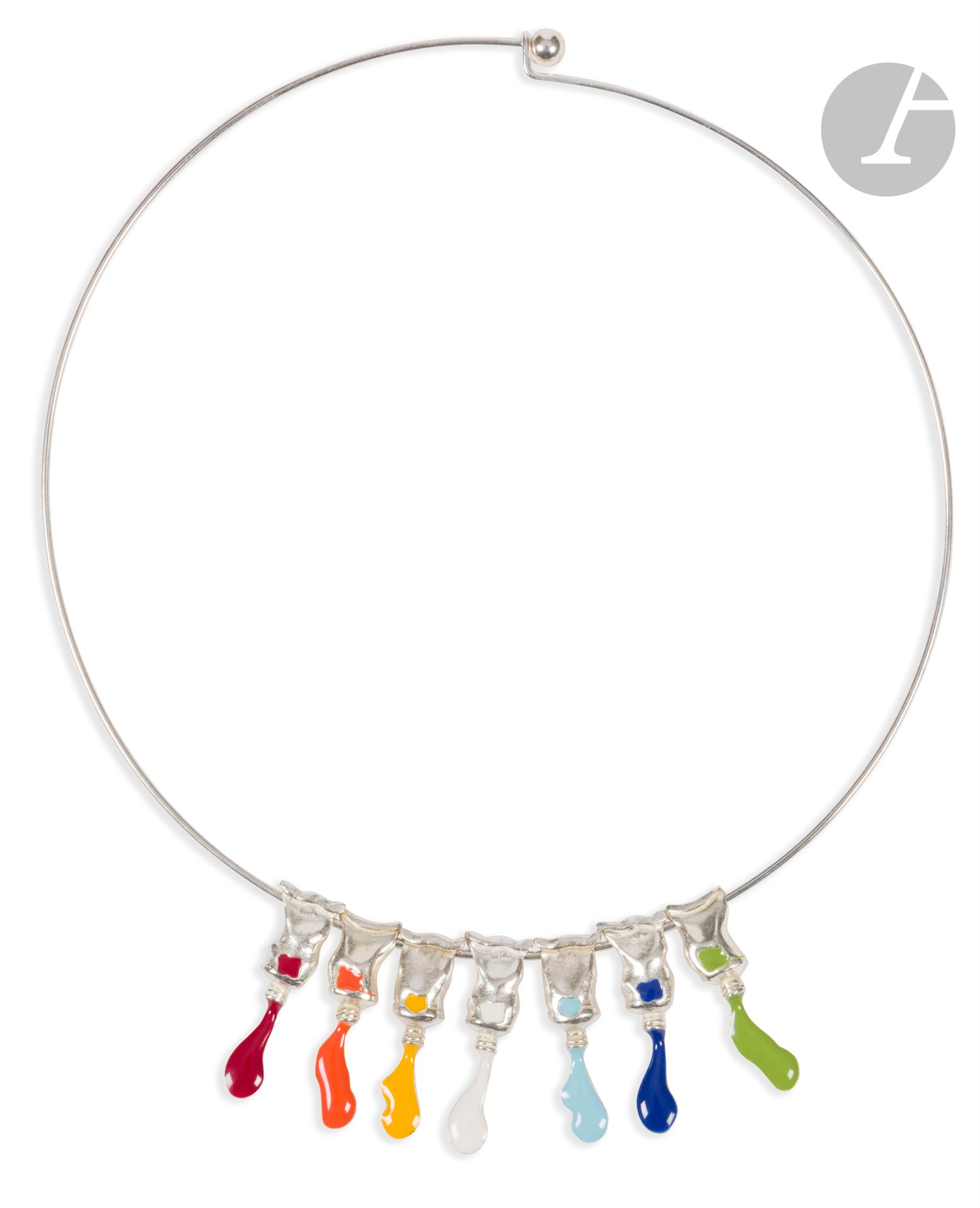 Armand FERNANDEZ dit ARMAN (1928-2005)
Tubes de peinture, 2001
Collier en métal argenté et émail.
Signé, daté et copyright sur chaque tube.
Hauteur des tubes : 3,4 cm
Diamètre : 14 cm
