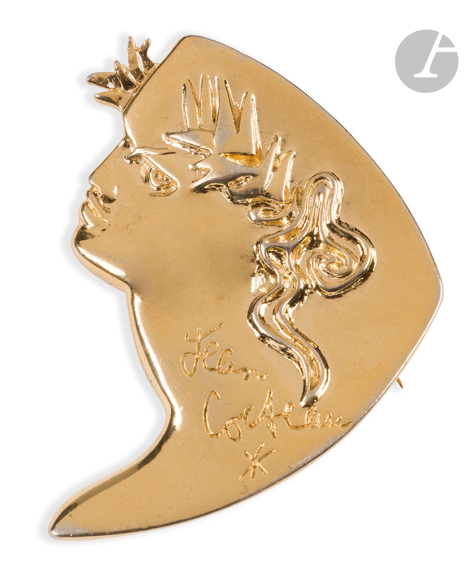 After Jean COCTEAU (1889-1963)
Woman with laurel wreath
Gilt bronze brooch.
Signed.
Pastille Création Comité Jean Cocteau - Anne Madeline on back.
Dimensions : 5,5 x 4 cm
