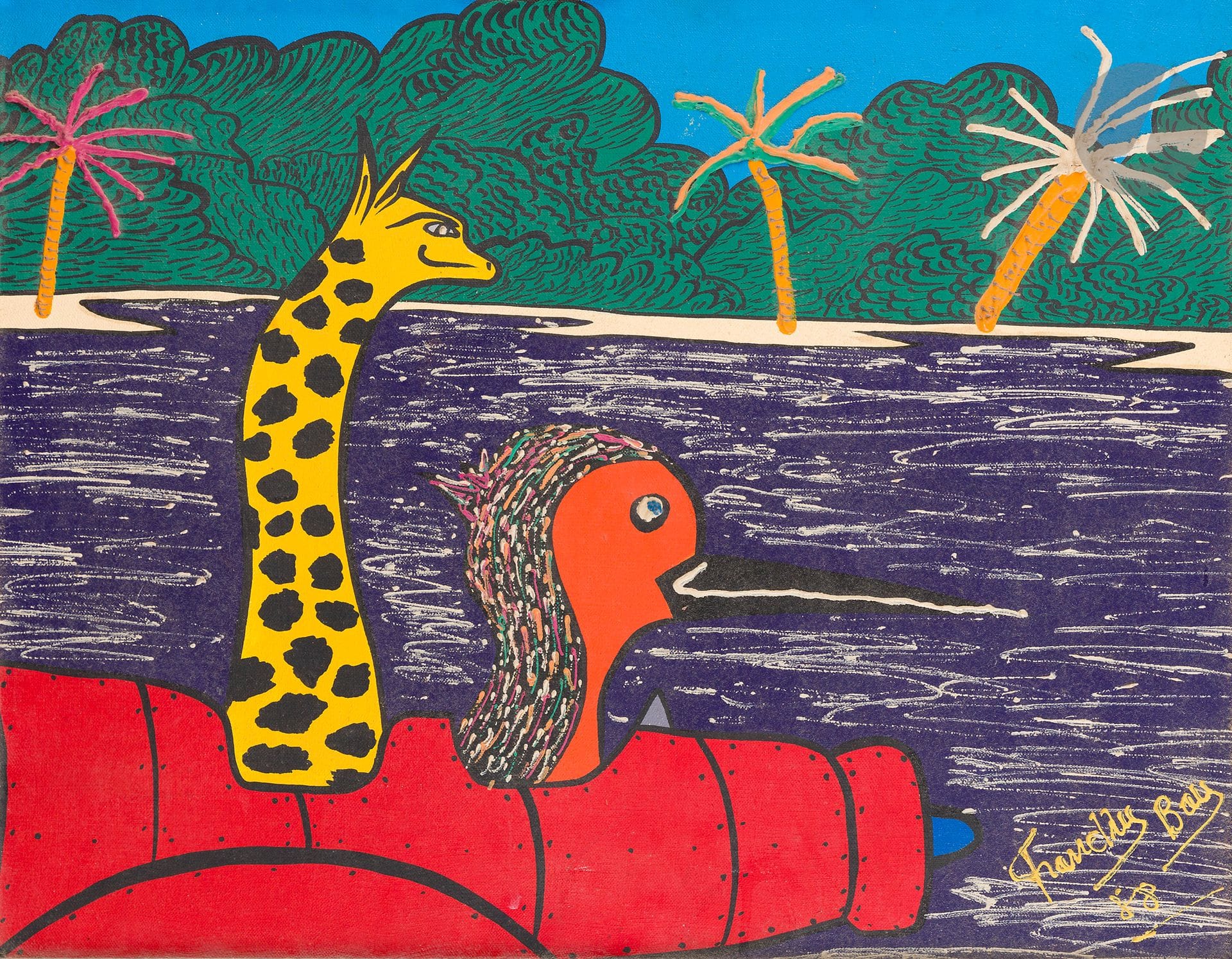 Francky BOY (né en 1954)
Ce canoë, 1988
Acrylique sur toile.
Signée et datée en bas à droite.
Dédicacée «pour le «David Samuel» au dos.
48 x 61 cm
