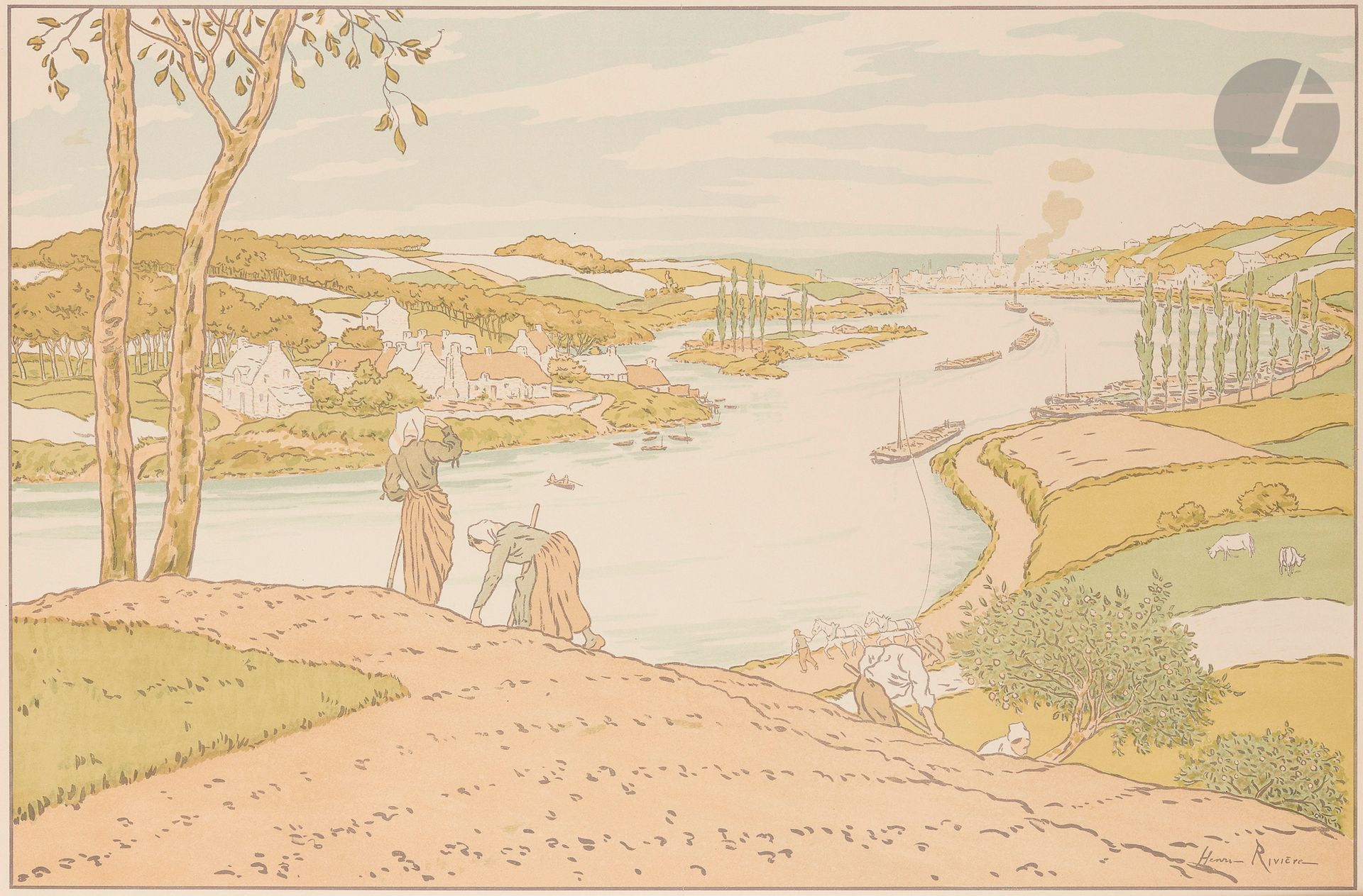 Henri Rivière (1864-1951)
Le Fleuve (Le Trieux et Lézardrieux). (Pl. pour Les Aspects de la nature). 1897. Lithographie. 830 x 545. Levasseur-Le Bohec 6. Impression en couleurs. Très belle épreuve d’essai sur vélin glacé ivoire, sans une pierre de gris-bleu (notamment dans la manche du paysan au premier plan et dans les pignons des maisons). Numéro 6 au crayon bleu dans l’angle inférieur droit. Légères salissures (maculatures) hors du sujet. Toutes marges.