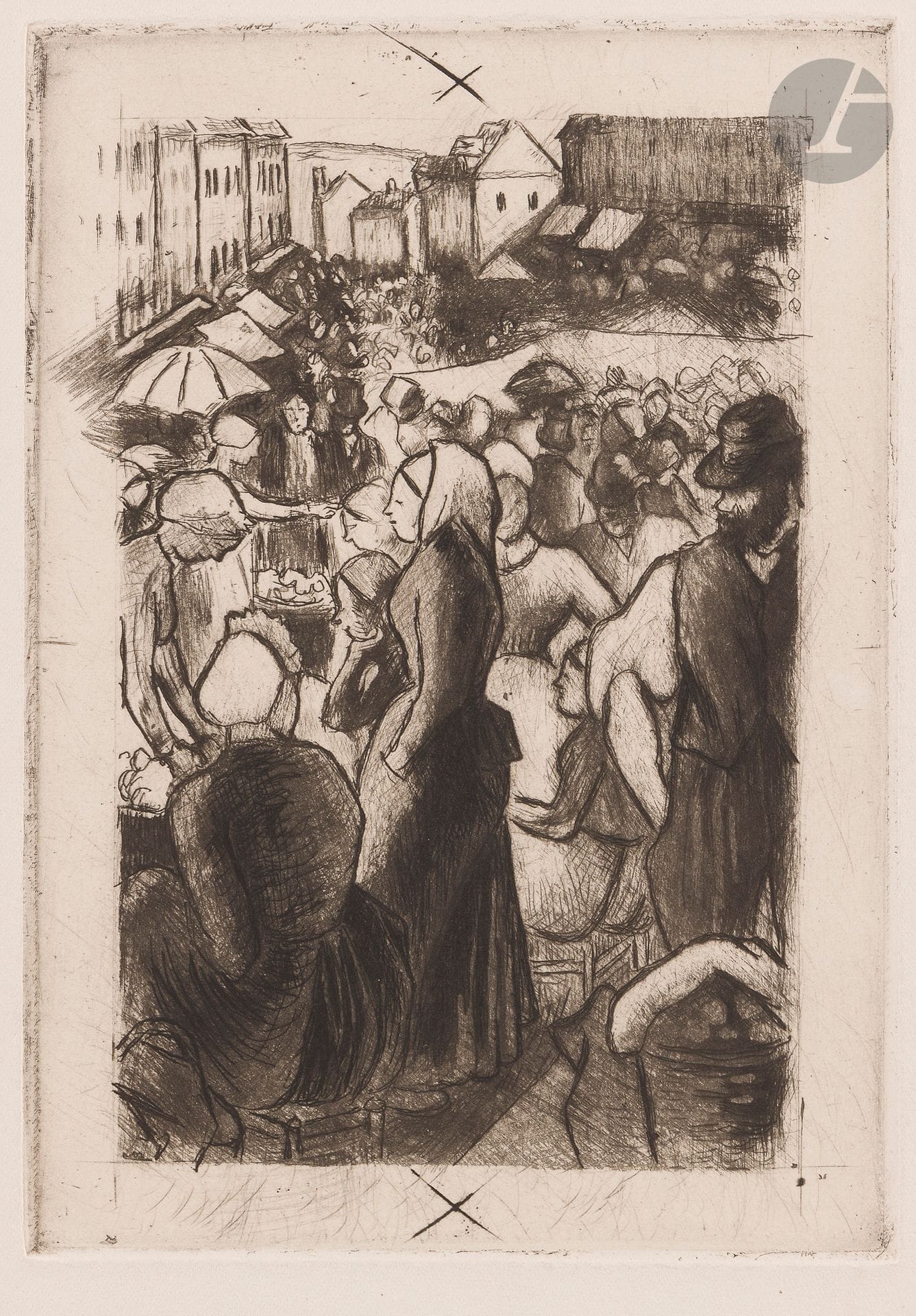 Camille Pissarro (1830-1903)
Marché de Gisors (rue Cappeville). Vers 1894. Eau-forte, aquatinte et pointe sèche. 140 x 198. Delteil 112. Très belle épreuve sur vélin crème, d’un état non décrit, vraisemblablement entre le 1er et le 2e (sur 7), avant réduction du cuivre, avec des tailles et des croix en marge indiquant la future recoupe à 110 x 170 mm, les croisées de la 2e maison à gauche perceptibles ainsi que les travaux sur la colline. Petit arrachement au bord inférieur droit. Toutes marges.