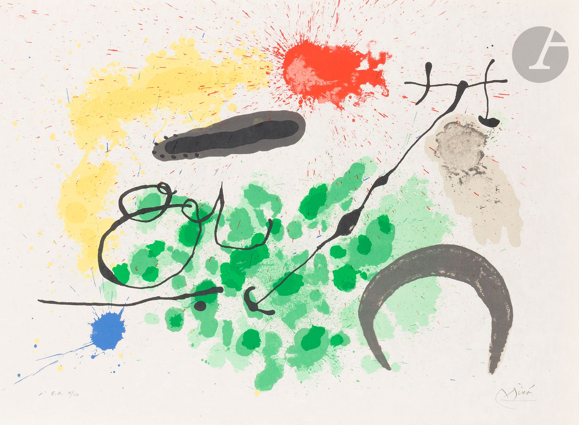 Joan Miró (1893-1983)
Pl. pour Le Lézard aux plumes d’or. (1re série). 1967. Lithographie. [560 x 410]. Maeght 454. Impression en couleurs. Très belle et fraîche épreuve sur japon nacré, l’une des 10 justifiées « E.A », numérotée et signée au crayon. Quelques infimes traces de plis aux bords du feuillet. Toutes marges.