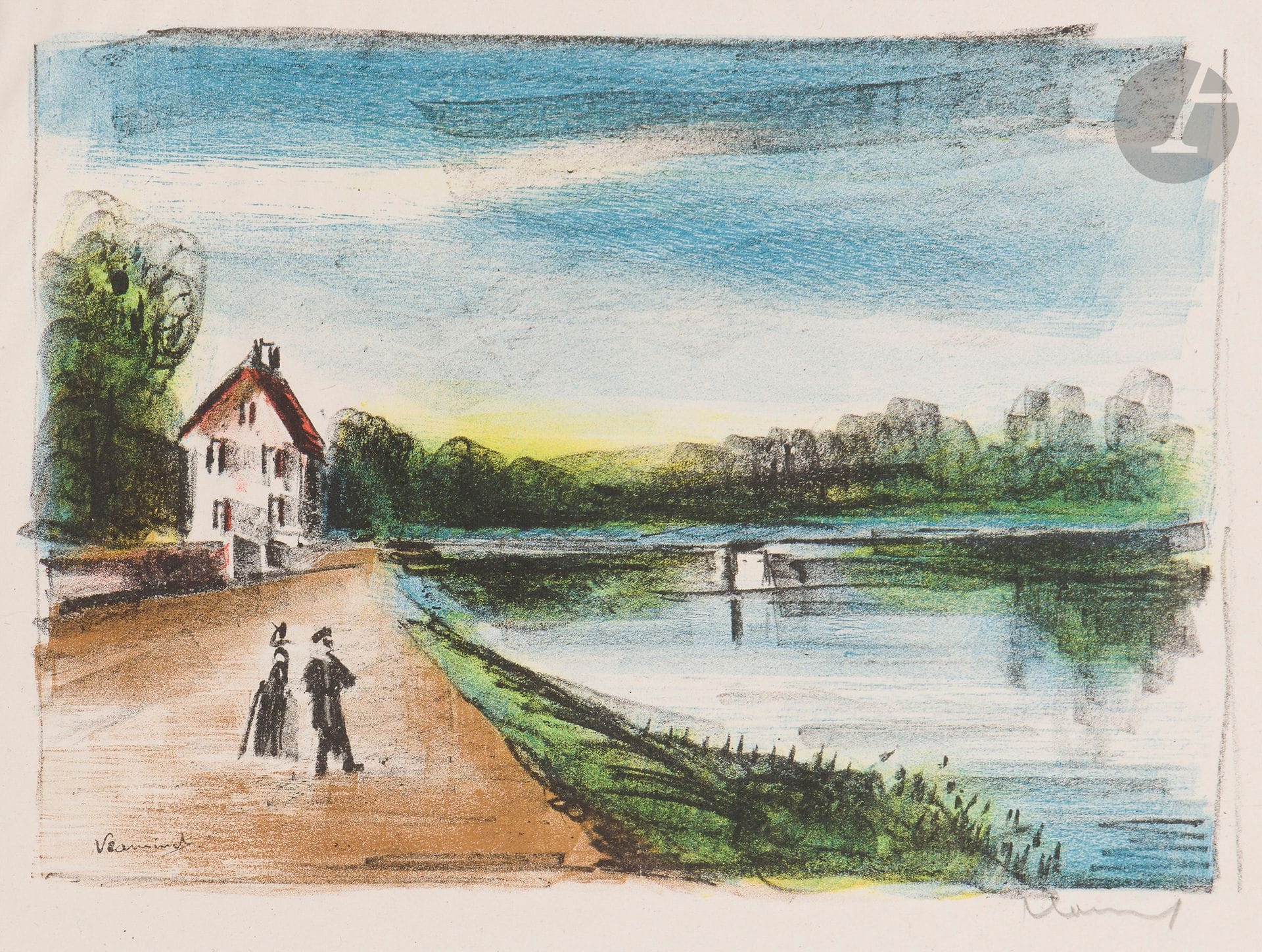 Maurice de Vlaminck (1876-1958)
Bridge over the Oise at Méry II. 1925-1926. Lithograph. 335 x 245. Walterskirchen 187 a. Color print. Very fine, fresh proof on chine volant, signed in pencil. Full margins. Final edition of 25 proofs. Dry stamp: Galerie des Peintres-Graveurs (Lugt 1057b).