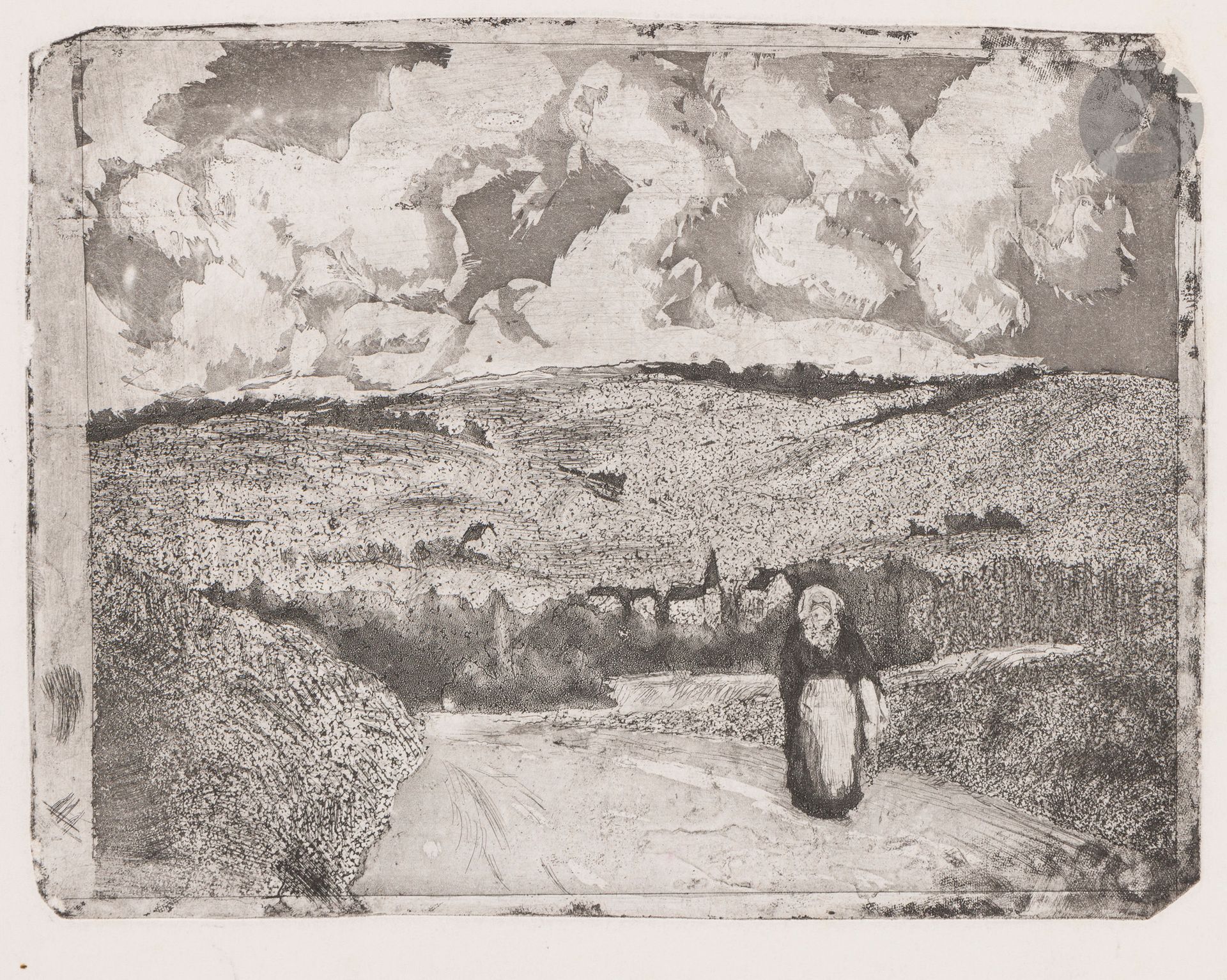 Camille Pissarro (1830-1903)
La Femme sur la route. 1879. Eau-forte et aquatinte sur zinc. 207 x 155. Delteil 18. Très belle épreuve sur vélin blanc fort, du 3e état (sur 4), avant les nouvelles tailles sur les nuages à gauche. Petits trous de punaises dans les angles. Un minuscule corps étranger en surface formant point brun sous l’angle inférieur gauche du cuivre. Infimes rousseurs claires. Tirage à 3 ou 4 épreuves de cet état. Tirage total à environ 15 épreuves, tous états confondus, du vivant de l’artiste (outre le tirage posthume de 1923 à 12 épreuves).
NB : QUELQUES PETITS ARRACHEMENTS SUR LES BORDS, SURVENUS AU TIRAGE.