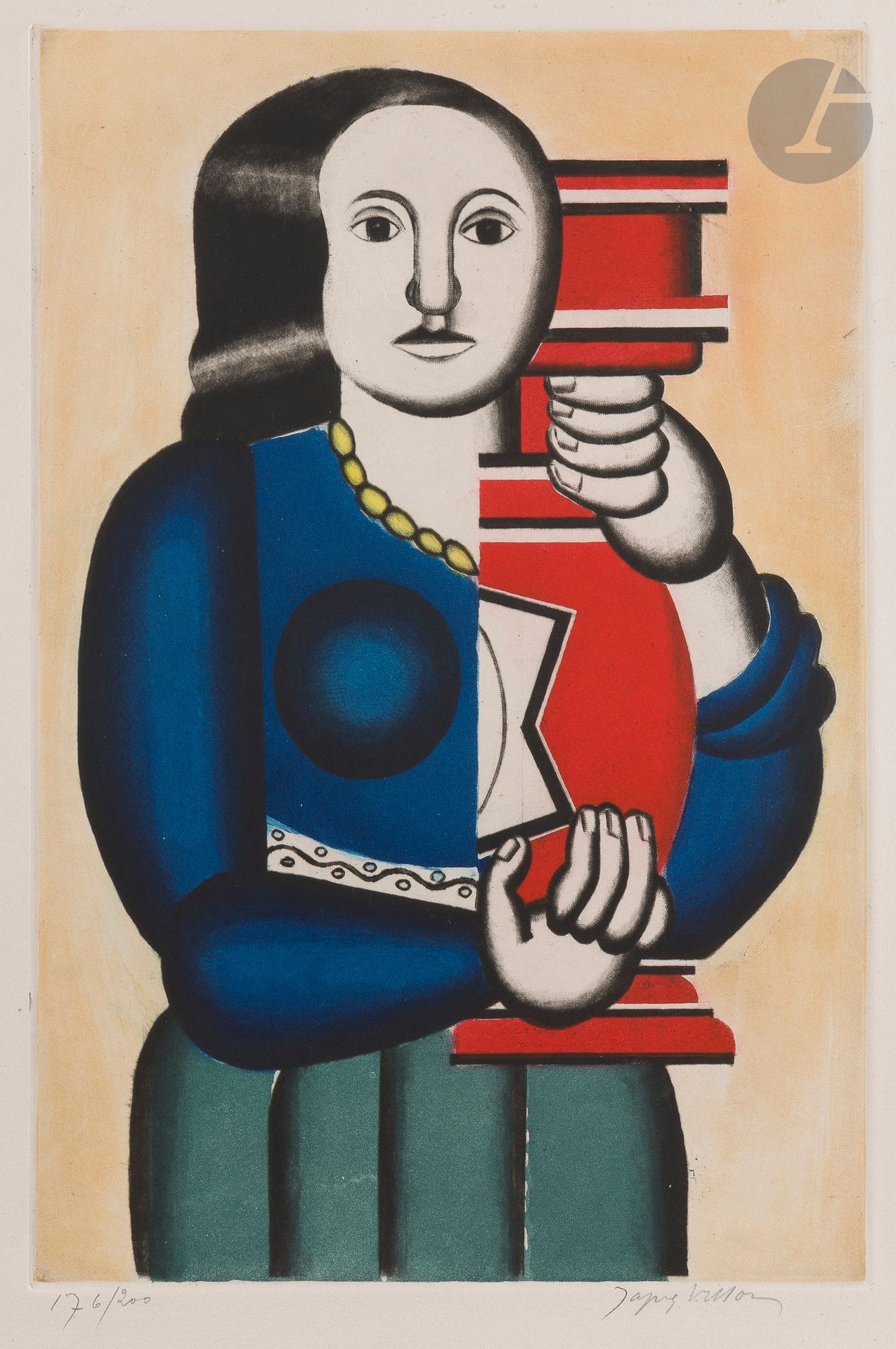 Fernand Léger (1881-1955) (after)
Woman with a jug. 1928. Engraved by Jacques Villon. 314 x 470. Ginestet and Pouillon 660; Saphire p. 249. Printed in color. Very fine proof on white vellum, numbered and signed in pencil by Villon. Full margins. Edition of 200 proofs. Bernheim-Jeune ed.