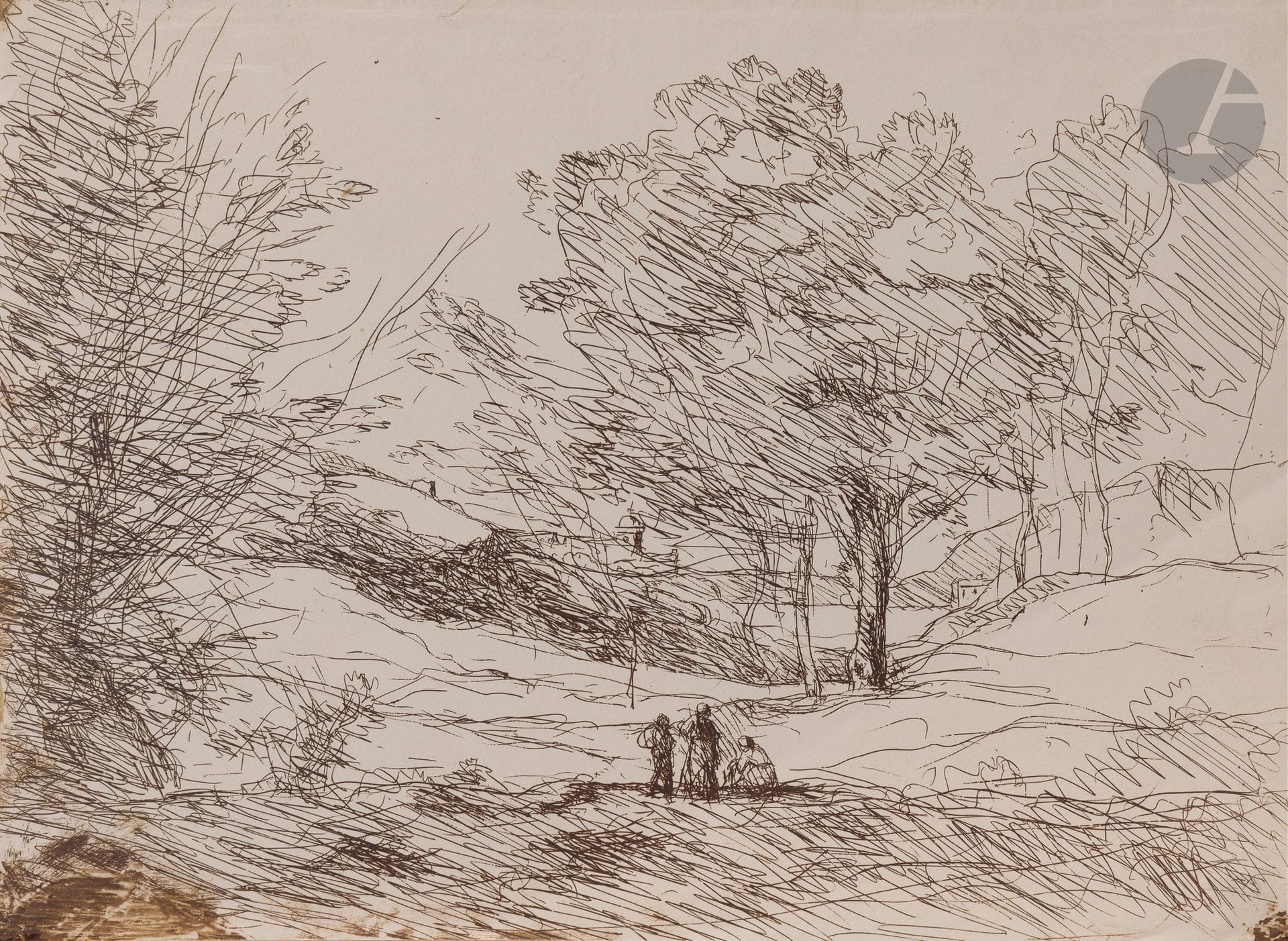 Jean-Baptiste Camille Corot (1796-1875)
Souvenir du Lac Majeur. 1871. Cliché-verre. 225 x 163. Delteil 85. Très belle épreuve d’ancien tirage, en brun, sur vélin glacé mince. Petites traces de colle dans les angles au verso. Annotation au crayon au verso de la main du marchand Marcel Lecomte (signée par lui) : « Epreuve ancienne, des collections Curtis et Loncle ».