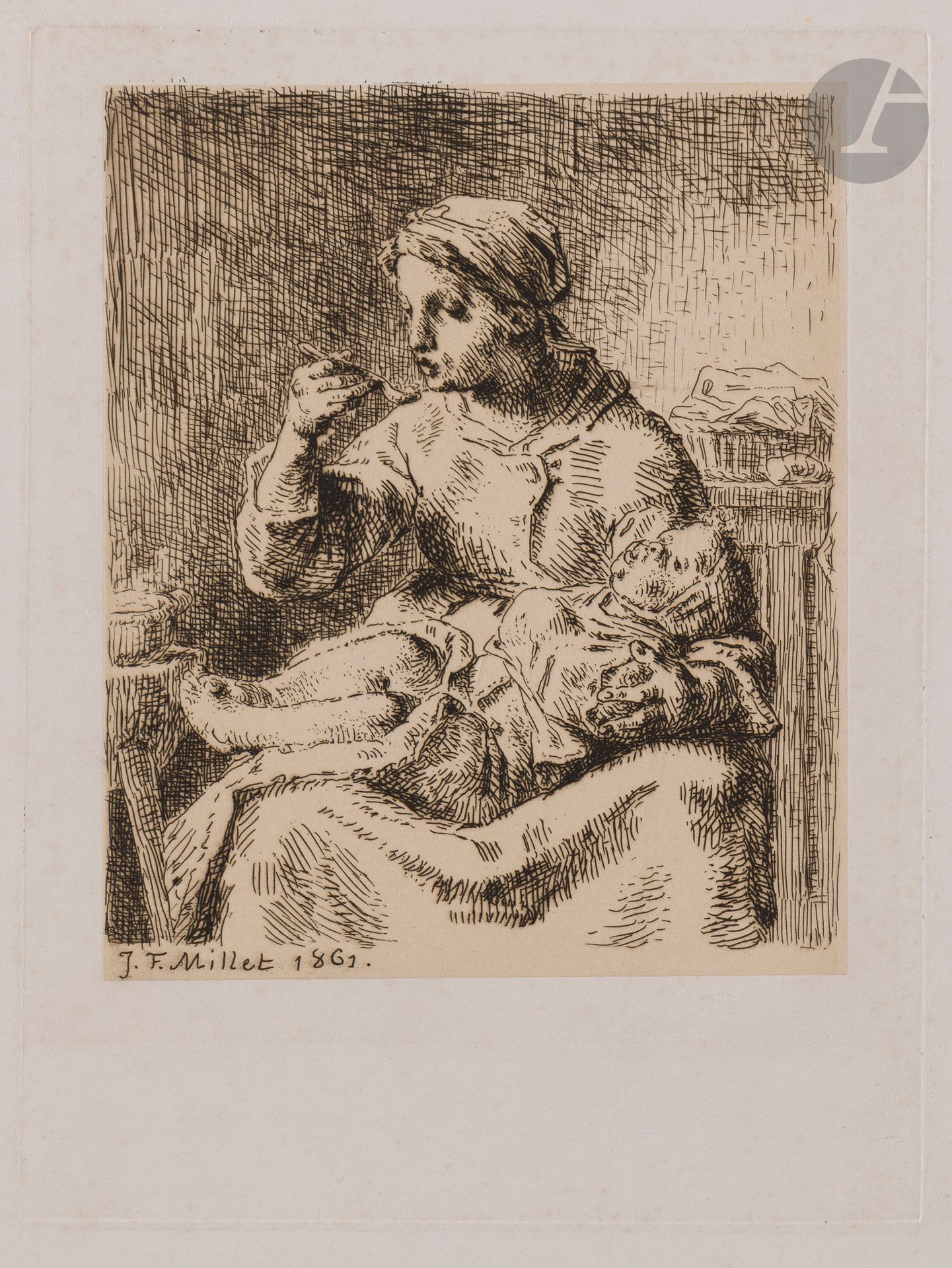 Jean-François Millet (1814-1875) 
La Bouillie. 1861. Etching. 160 x 210. Delteil 17. Very fine proof on applied pinkish bubble, from the 3rd state (of 5), before the Gazette des beaux-arts letter. Semis of very light freckles. Wide margins.