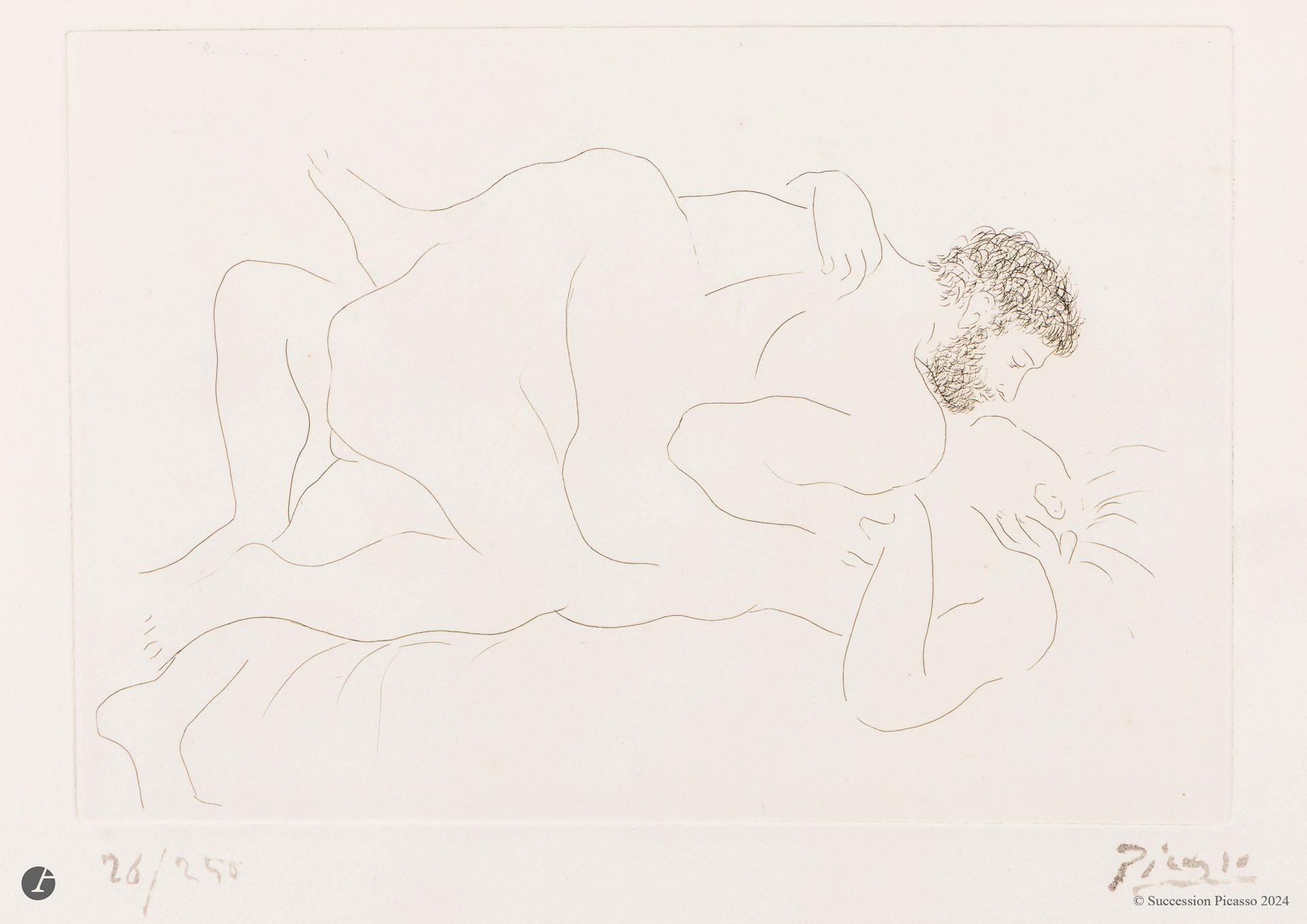 Pablo Picasso (1881-1973)
Man and Woman. 1927. Etching. 280 x 196 [580 x 550]. Bloch 77; Baer 118 b 2; Johnson 91. Very fine proof on strong white vellum, numbered and signed in brush and sepia ink. A few tiny freckles, including one under the signature. All margins untrimmed. Edition of 250 proofs. A. Vollard ed.