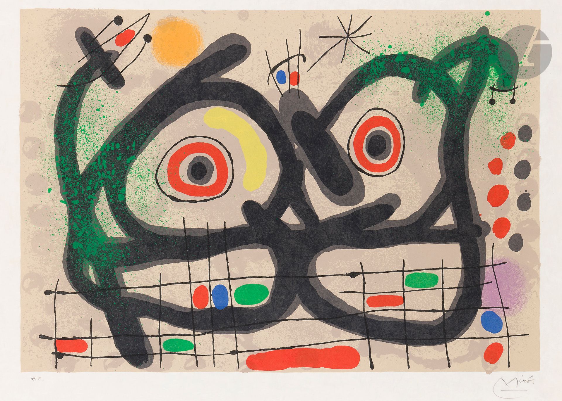 Joan Miró (1893-1983)
Pl. for Le Lézard aux plumes d'or (1st series). 1967. Lithograph. [558 x 410]. Maeght 447. Color print. A very fine, fresh proof on japon nacré, justified "H.C." and signed in pencil. Tiny creases broken in the lower corners. Full margins.