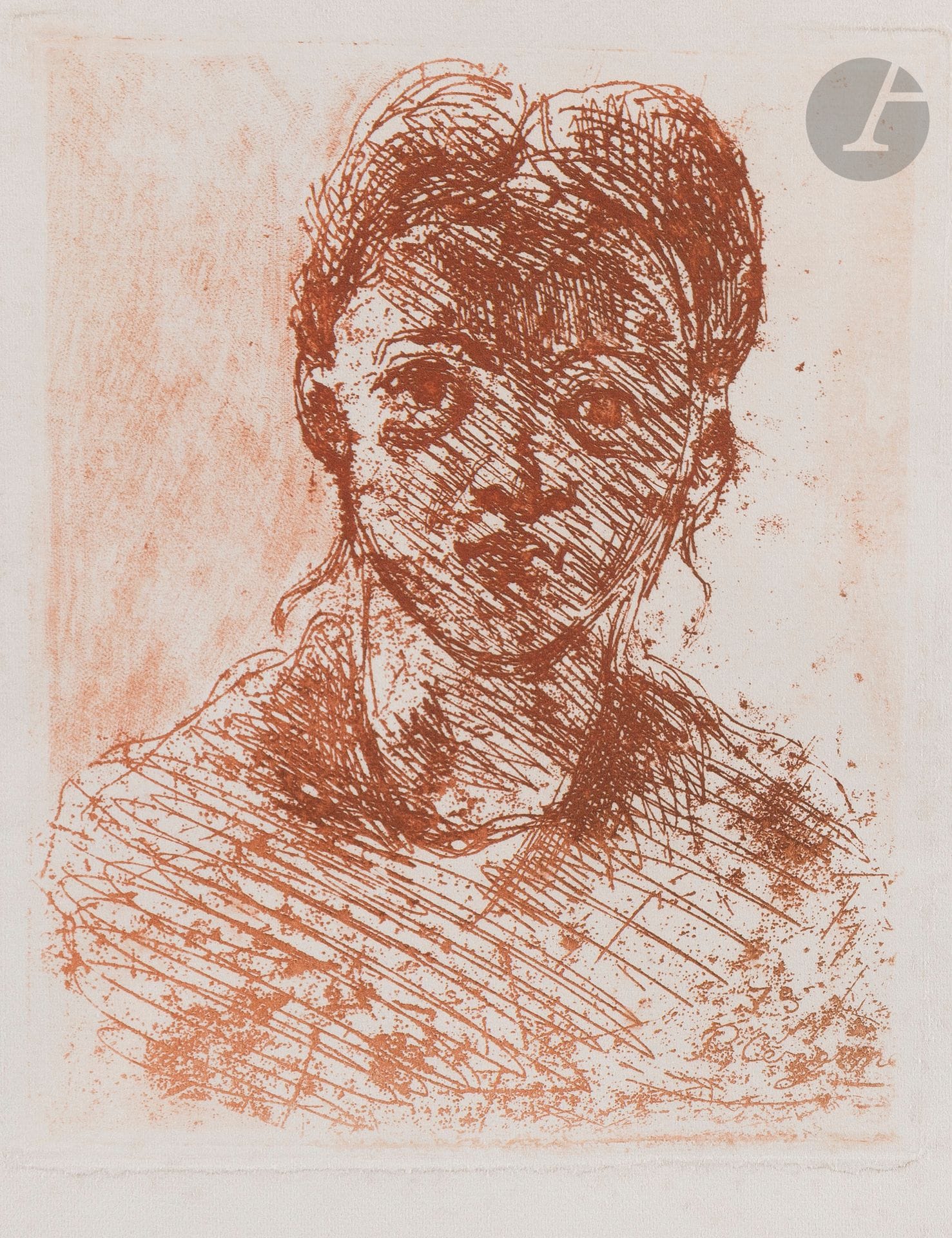Paul Cézanne (1839-1906)
Tête de jeune fille. 1873. Eau-forte et roulette. 103 x 128. Cherpin 4. Très belle épreuve tirée en brun sur vélin blanc fort, du tirage en frontispice pour l’ouvrage d’A. Vollard, Paul Cézanne, 1914. Une infime tache brune au bord gauche du feuillet. Toutes marges. Joint : même sujet. Épreuve d’essai tirée en sanguine sur vélin blanc, lavée, avec inscription ancienne à la plume et à l’encre sépia effacée dans l’angle inférieur droit. Petites salissures en marge gauche. Toutes marges. Ens. 2 p.