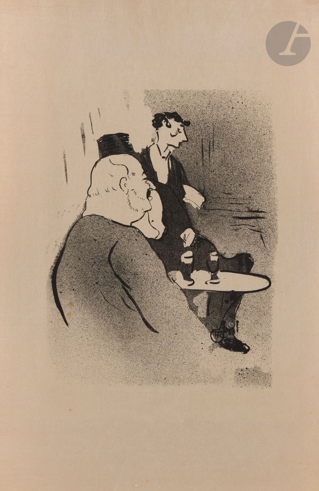 Henri de Toulouse-Lautrec (1864-1901)
Ducarre aux Ambassadeurs. (Pl. pour Le Café Concert). 1893. Lithographie. 195 x 250. Delteil 36 ; Wittrock 26. Très belle épreuve, l’une des 50 sur japon. Quelques rares rousseurs claires, dont deux dans le dos du personnage de gauche. Fin pli cassé horizontal sous le sujet en pied. Petite bande rousse le long du bord inférieur du feuillet. Traces de colle dans les angles au verso. Toutes marges non ébarbées.