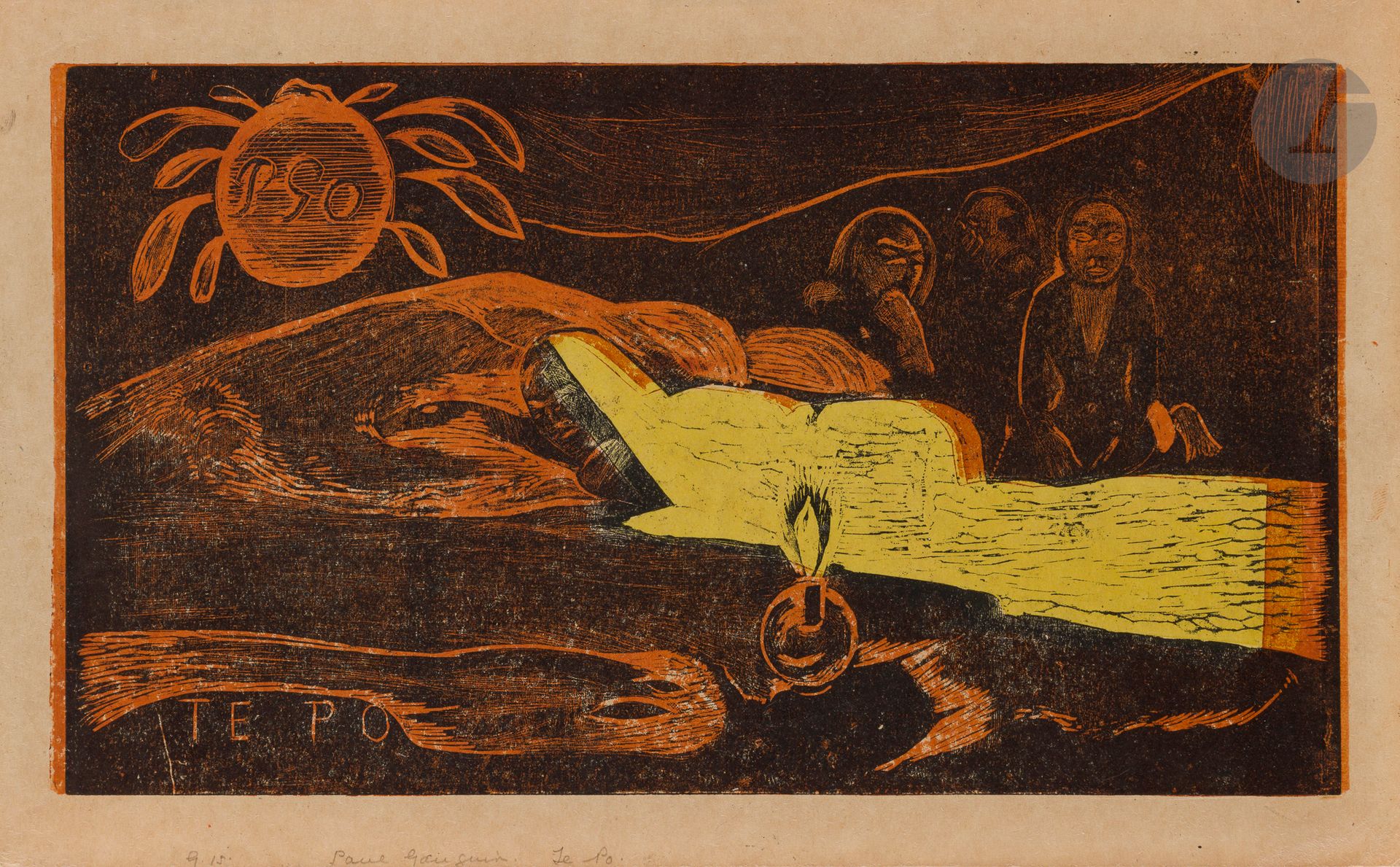 Paul Gauguin (1848-1903)
Te Po. 1893-1895. Bois gravé. 362 x 204. Mongan, Kornfeld et Joachim 21 C. Très belle épreuve imprimée en couleurs, du tirage effectué par Roy à environ 30 épreuves, le bloc de couleur brique légèrement décalé. Maculatures au verso. Toutes marges [396 x 250]. 

« Dans Te Po (La Grande Nuit, dit aussi La Nuit), gravure sur bois de la suite Noa Noa, on voit l’esprit derrière une figure couchée, cette fois dans un décor de montagnes, associé à d’autres figures : à gauche du tupapau [revenant], on distingue notamment l’artiste en personne, sous la forme d’un spectre dans une pose familière, le menton appuyé sur un poing fermé. En intervenant dans la scène, il se désigne comme médiateur entre l’Occident et Tahiti, mais aussi entre la réalité et l’imaginaire. » (A. Perelman, « L’esprit des morts », in C. Bernardi et O. Ferlier-Bouat dir., Gauguin l’alchimiste, Paris, Musée d’Orsay et R.M.N., 2017, p. 194).

N.B. : EPREUVE SUR JAPON FORT. ANCIEN TIMBRE DE DOUANE AU VERSO.