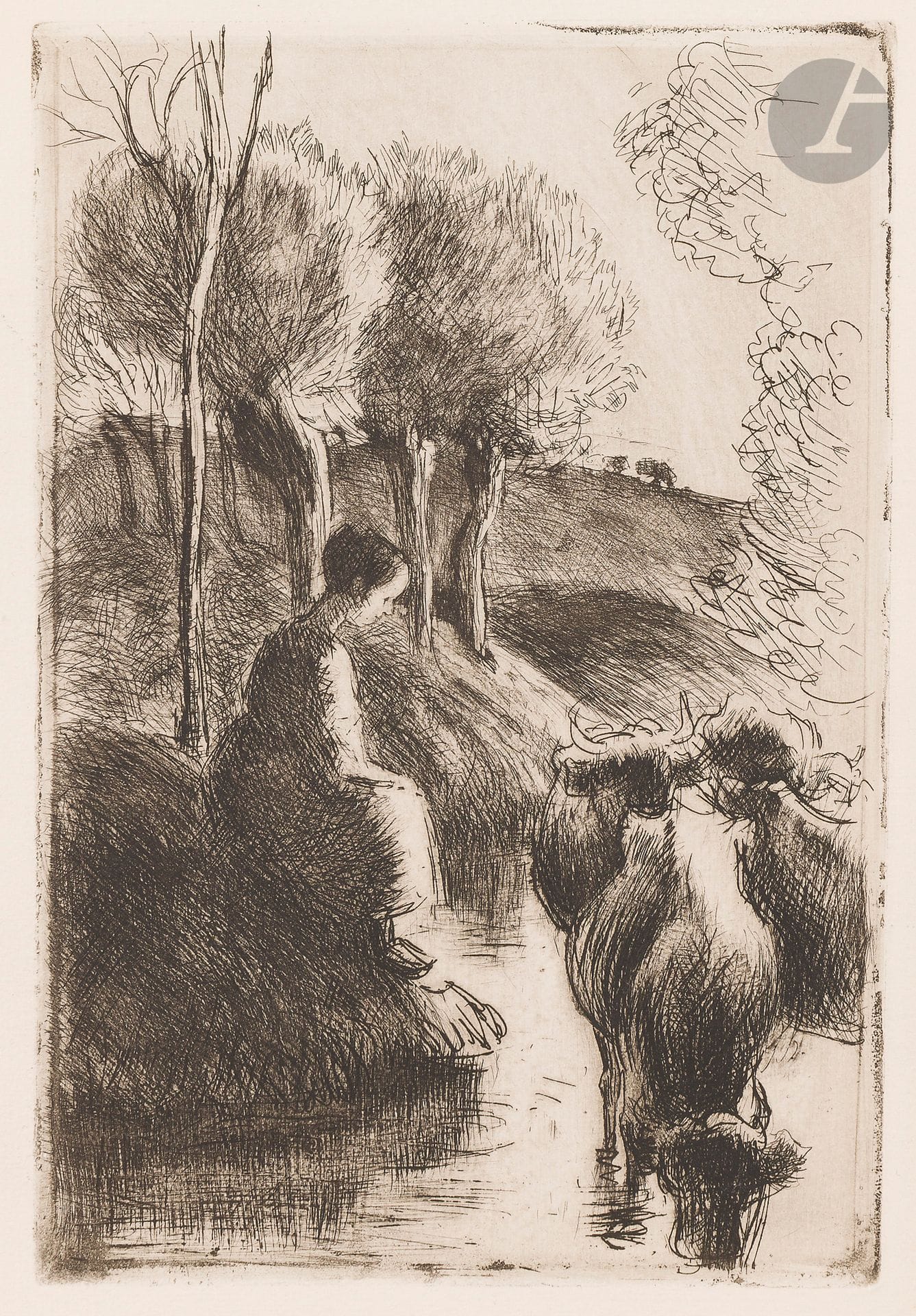 Camille Pissarro (1830-1903)
Cows at the water's edge. 1890. Etching. 135 x 185. Delteil 93. Very fine proof on cream laid paper, from the print run for the Gazette des Beaux-Arts (May 1, 1904). Minimal marginal oxidation. Full margins.