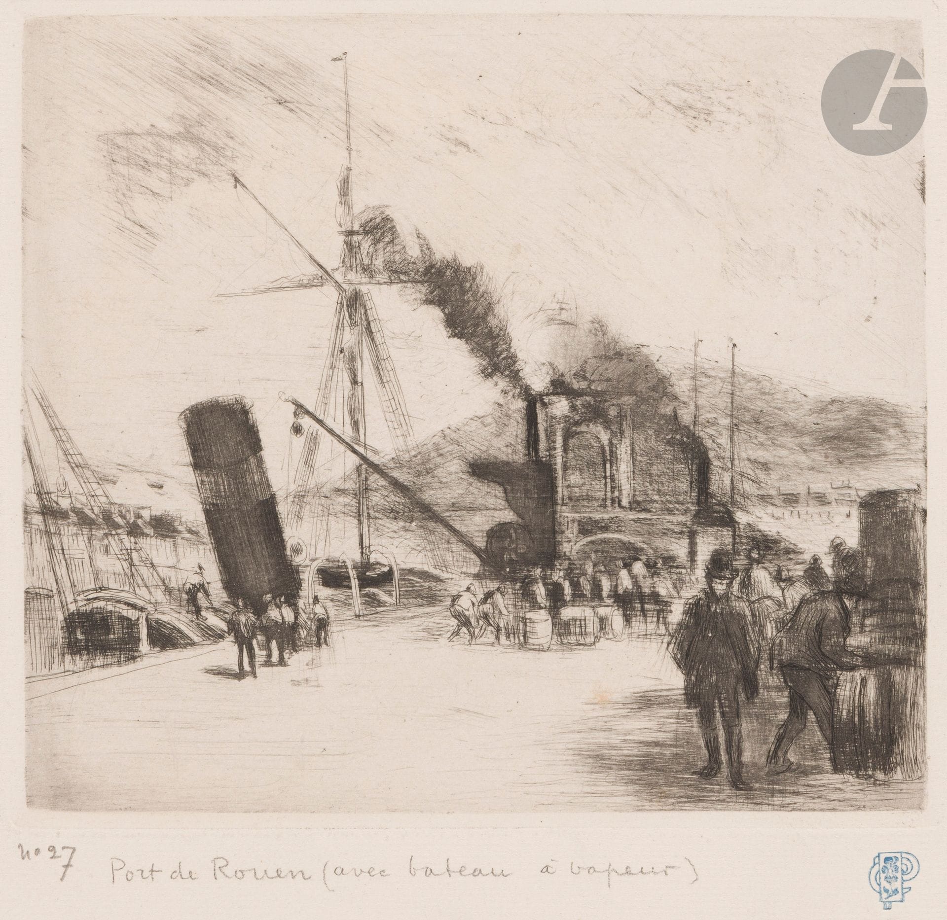 Camille Pissarro (1830-1903)
Port de Rouen (avec cheminées). 1885. Eau-forte et aquatinte. 170 x 150. Delteil 57. Très belle épreuve sur vergé crème, l’une des 40 du tirage de 1907, numérotée au crayon, titrée (par une main étrangère) « Port de Rouen (avec bateau à vapeur) » et timbrée (Lugt 613d) (outre le tirage à environ 14 épreuves du vivant de l’artiste). Quelques rousseurs claires éparses. Léger empoussiérage au bord droit du feuillet. Toutes marges.
