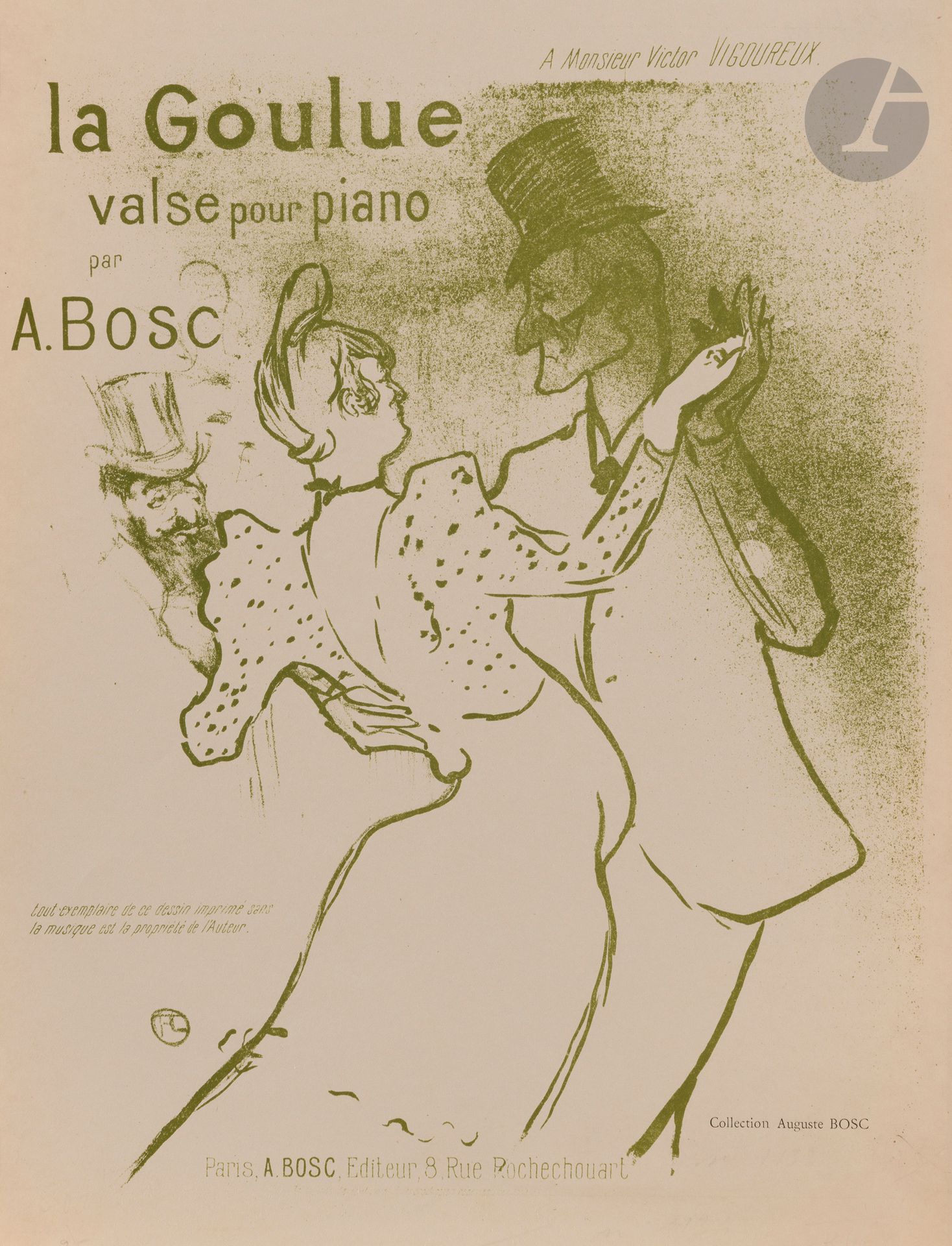 Henri de Toulouse-Lautrec (1864-1901)
La Goulue. (Valse pour Piano par A. Bosc). 1894. Lithographie. [270 x 348]. Delteil 71 ; Wittrock 65. Impression en vert olive. Très belle épreuve sur vélin glacé ivoire, du tirage effectué comme titre de la partition musicale (sans cette dernière), la lettre incomplètement encrée en pied. Toutes marges.
