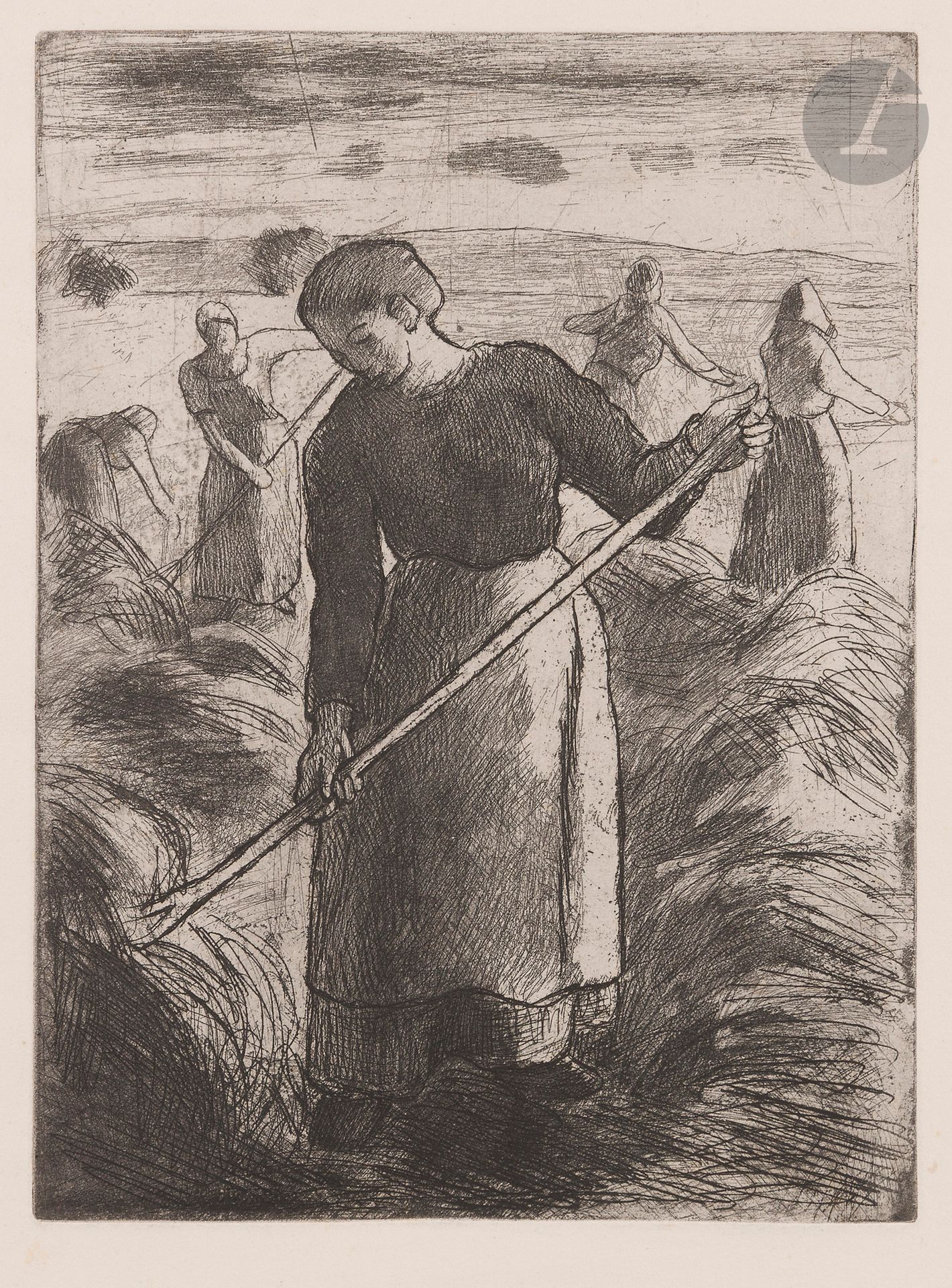 Camille Pissarro (1830-1903)
Faneuses d’Éragny. 1897. Eau-forte et pointe sèche. 150 x 205. Delteil 124. Très belle et fraîche épreuve sur vélin ivoire, du tirage pour L. Roger-Milès, Art et Nature, 1897 (outre environ 23 épreuves tirées préalablement à ce tirage). Restes d’onglets de montage aux bords latéraux du feuillet au verso. Toutes marges.