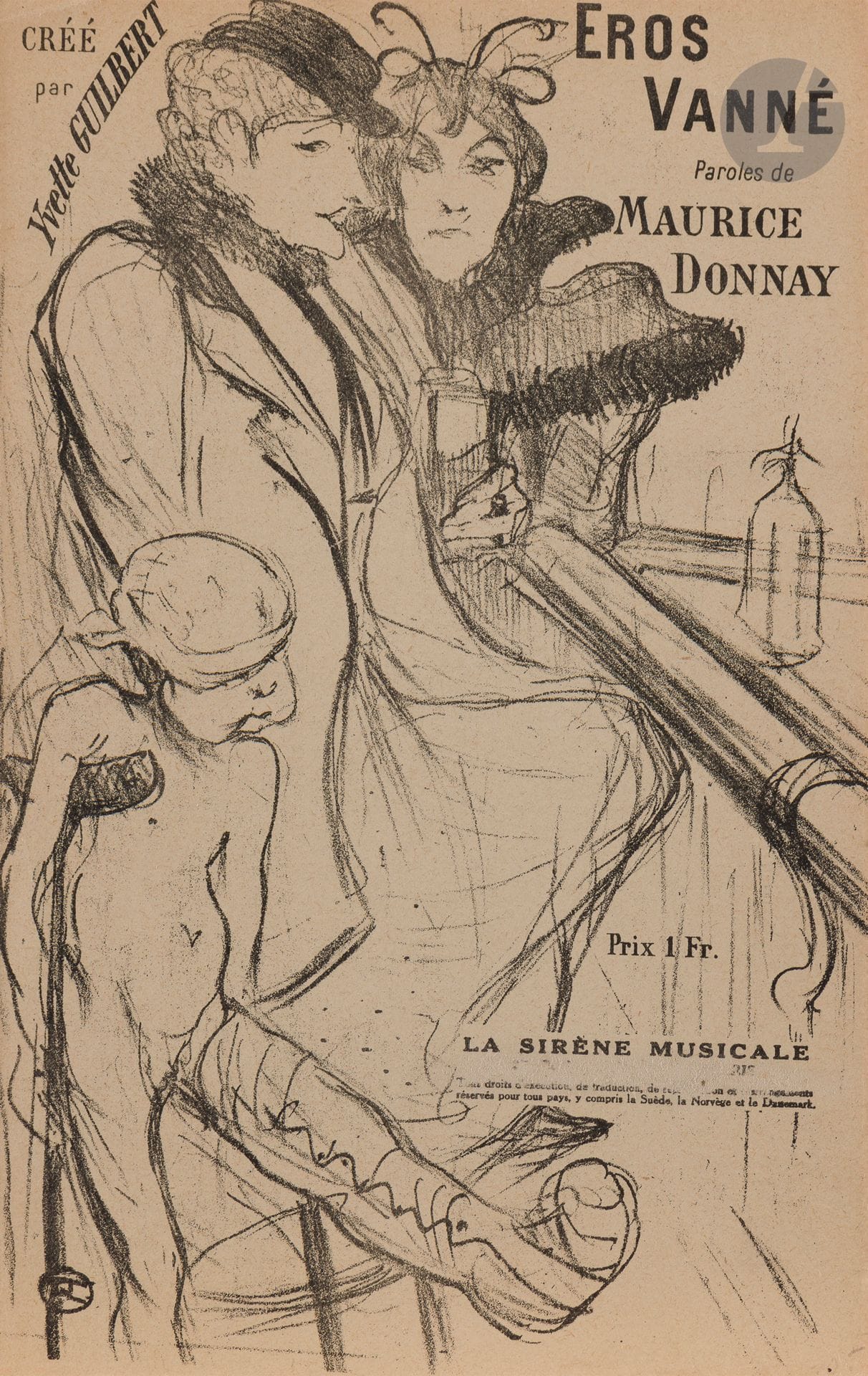 Henri de Toulouse-Lautrec (1864-1901)
Éros vanné. (Paroles de Maurice Donnay). 1894. Lithographie. Fascicule de vélin mince de 4 pages (feuillet remplié). [175 x 278]. Delteil 74 ; Wittrock 56. Illustré en couverture d’un sujet de Toulouse-Lautrec en noir à l’adresse de La Sirène musicale éditeur (remplaçant l’adresse de Paul Dupont), bien complet de la partition.