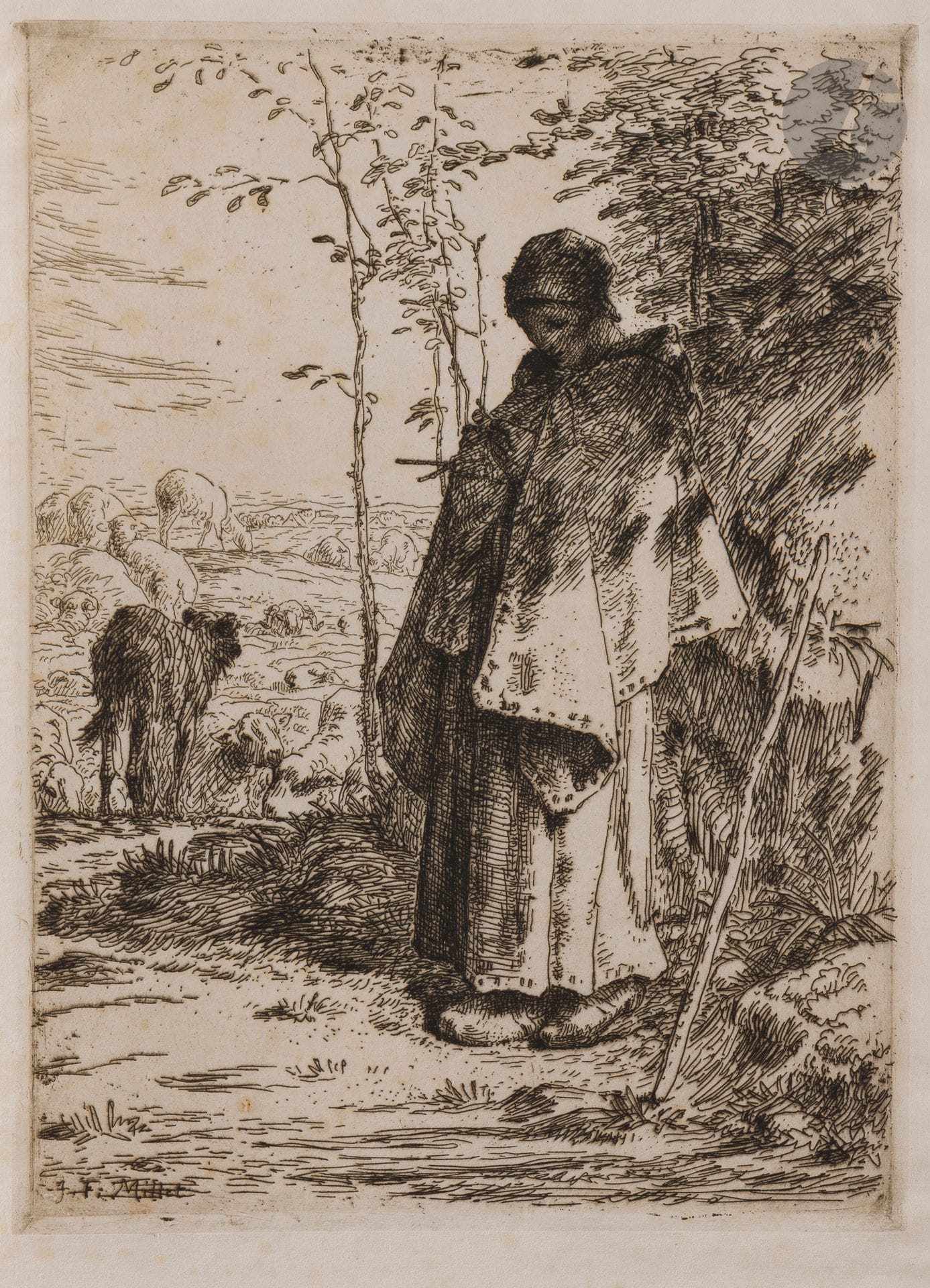 Jean-François Millet (1814-1875) 
The Great Shepherdess. 1862. Etching. 235 x 320. Delteil 18. Very fine proof on thin old laid paper, from an edition made by Keppel. Scattered light foxing. Full margins [265 x 405].
