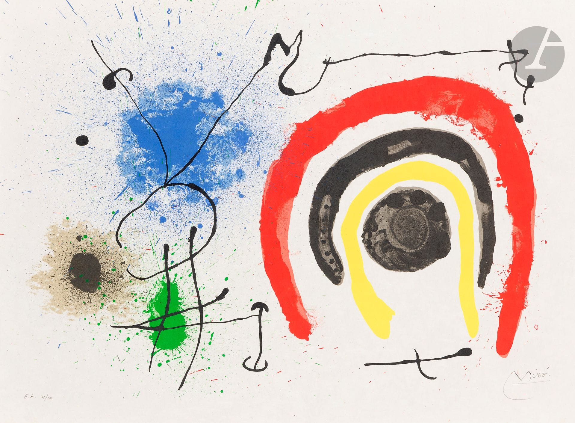 Joan Miró (1893-1983)
Pl. pour Le Lézard aux plumes d’or. (1re série). 1967. Lithographie. [560 x 410]. Maeght 458. Impression en couleurs. Très belle et fraîche épreuve sur japon nacré, l’une des 10 justifiées « E.A », numérotée et signée au crayon. Quelques infimes traces de plis aux bords du feuillet. Toutes marges.