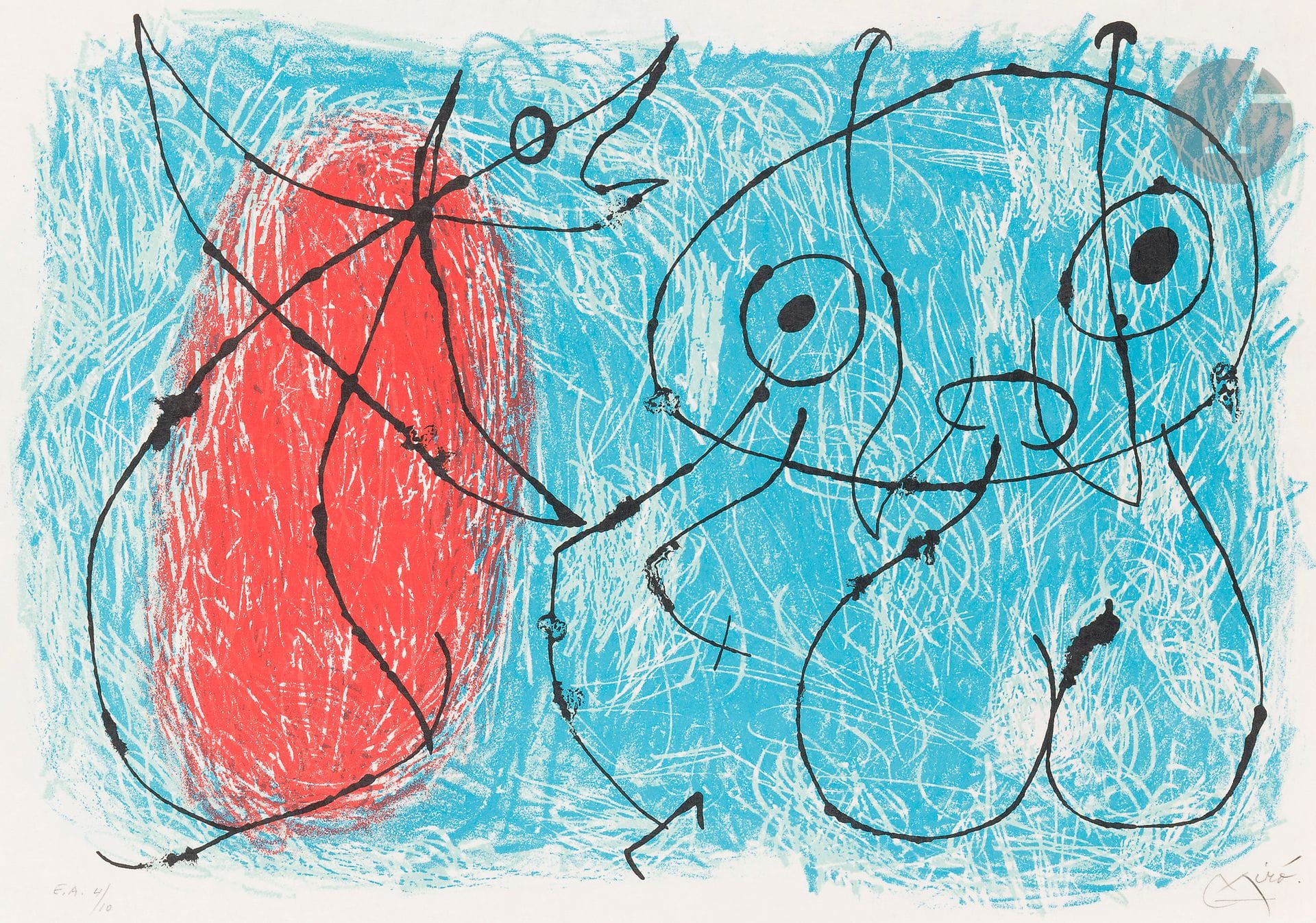 Joan Miró (1893-1983)
Pl. pour Le Lézard aux plumes d’or. (1re série). 1967. Lithographie. [500 x 365]. Maeght 449. Impression en couleurs. Très belle et fraîche épreuve sur japon nacré, l’une des 10 justifiées « E.A », numérotée et signée au crayon. Toutes marges.