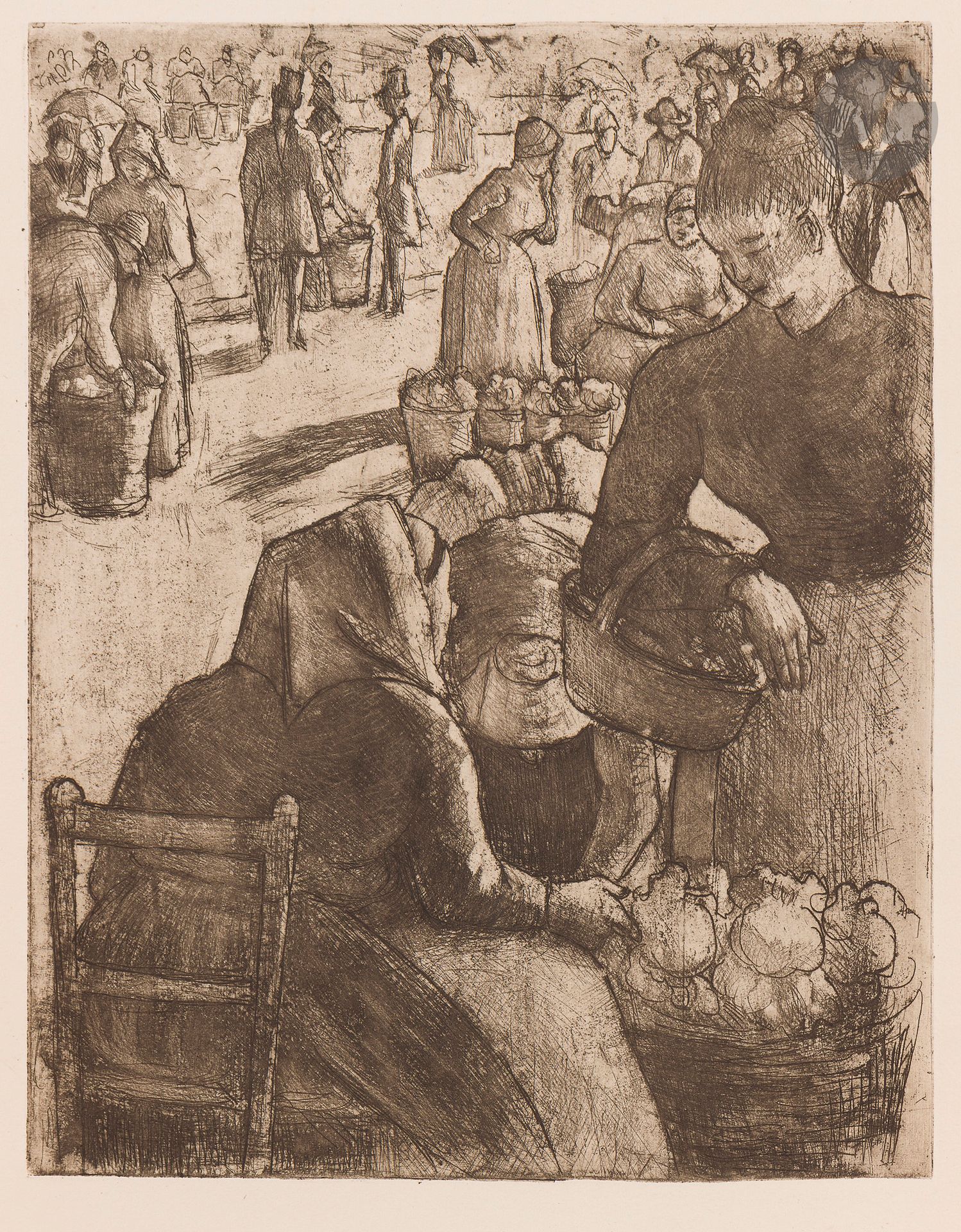 Camille Pissarro (1830-1903)
Marché aux légumes, à Pontoise. 1891. Eau-forte et pointe sèche. 202 x 255. Delteil 97. Parfaite épreuve tirée en brun sur vélin ivoire, du tirage pour L. Delteil, Le Peintre-Graveur Illustré, tome XVII (1923). Toutes marges. Tirage à seulement 7 épreuves du vivant de l’artiste.