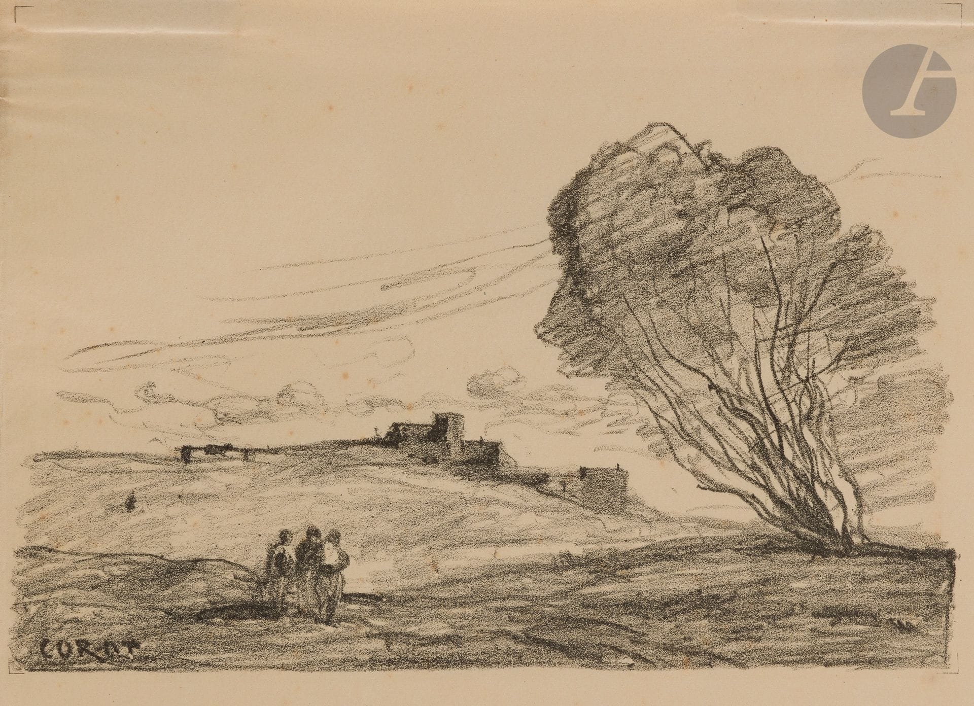 Jean-Baptiste Camille Corot (1796-1875)
Le Fort détaché. 1874. Autographie. 257 x 148. Delteil 32. Belle épreuve sur bulle ivoire volant. Quelques rousseurs claires éparses. Toutes marges. Tirage à 100 épreuves.