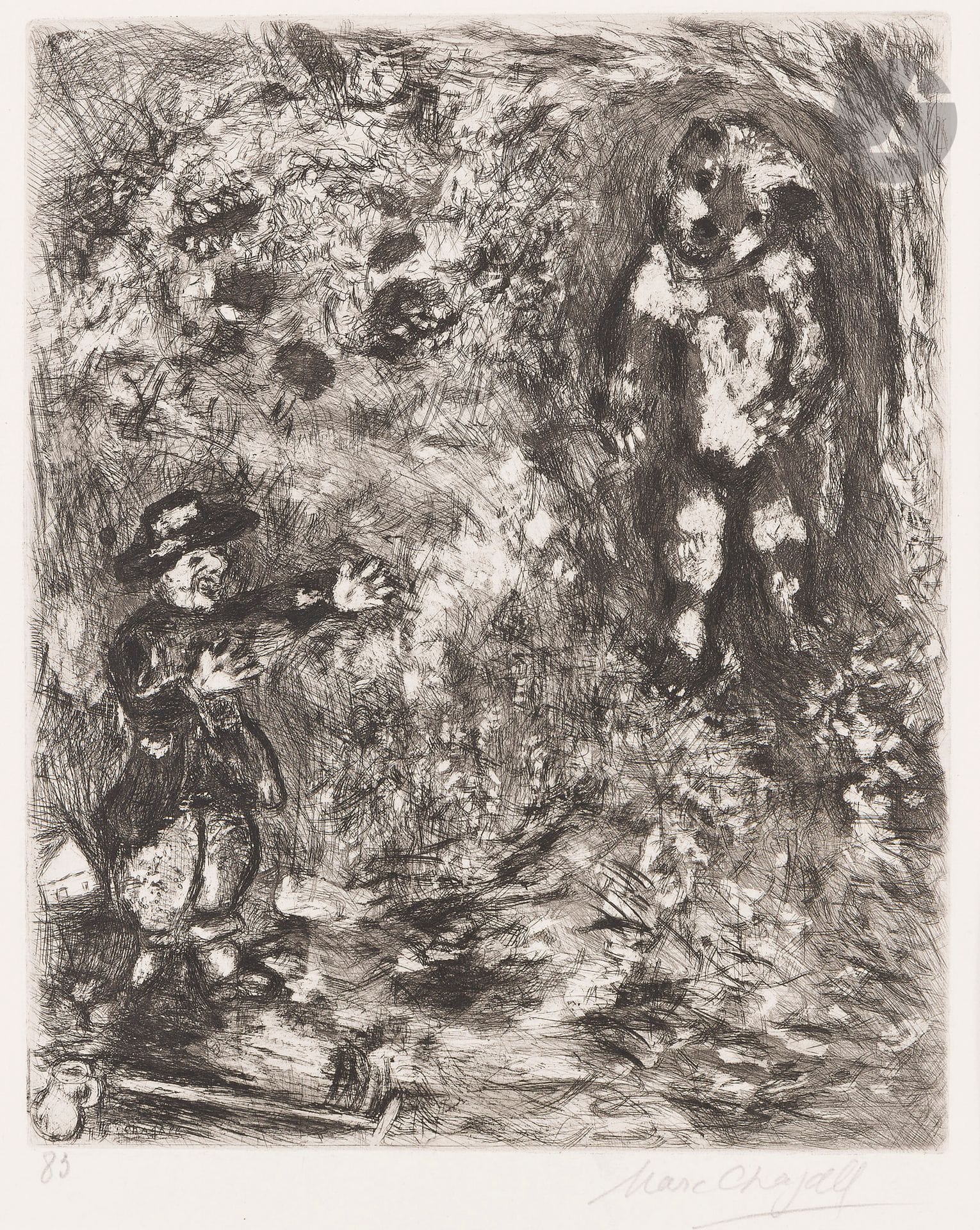 Marc Chagall (1887-1985)
L’Ours et l’amateur des jardins. (Pl. 83 pour les Fables de La Fontaine, Paris, Tériade, 1952). Eau-forte et aquatinte. 240 x 295. Cramer 22. Très belle épreuve sur vergé de Montval, de la suite en tiré à part, portant le numéro d’ordre de la planche et signée au crayon. Toutes marges non ébarbées [335 x 420].