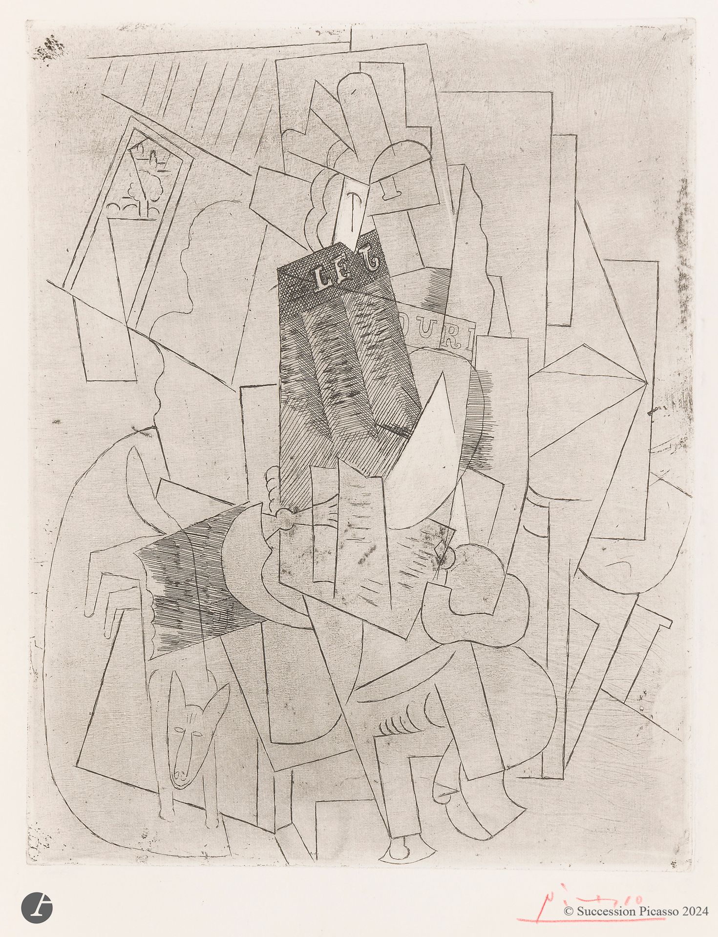 Pablo Picasso (1881-1973)
Man with dog (rue Schoelcher). 1915-1930. Etching and scraping. 217 x 278. Bloch 28; Geiser-Baer 39 III B b. A very fine, fresh proof, one of 60 on "Arches" watermarked white vellum, printed with ground tint, signed in red pencil, from the 1947 print run by Lucien Vollard and Marcel Lecomte. Slight lack in the lower left corner of the folio. Good margins [255 x 329]. Total edition of approximately 100 proofs. 

"The copper was acquired by Vollard in 1930 and not printed by him. Strictly speaking, the proofs were not "published". They were handled by Marcel Lecomte, who had them signed by Picasso, probably in the late '50s." (Bernhardt Geiser, revised by Brigitte Baer, Picasso peintre-graveur tome I, Catalogue raisonné de l'œuvre gravé et lithographié et des monotypes 1899-1931, Bern, Kornfeld, 1996, p. 86, note 2).