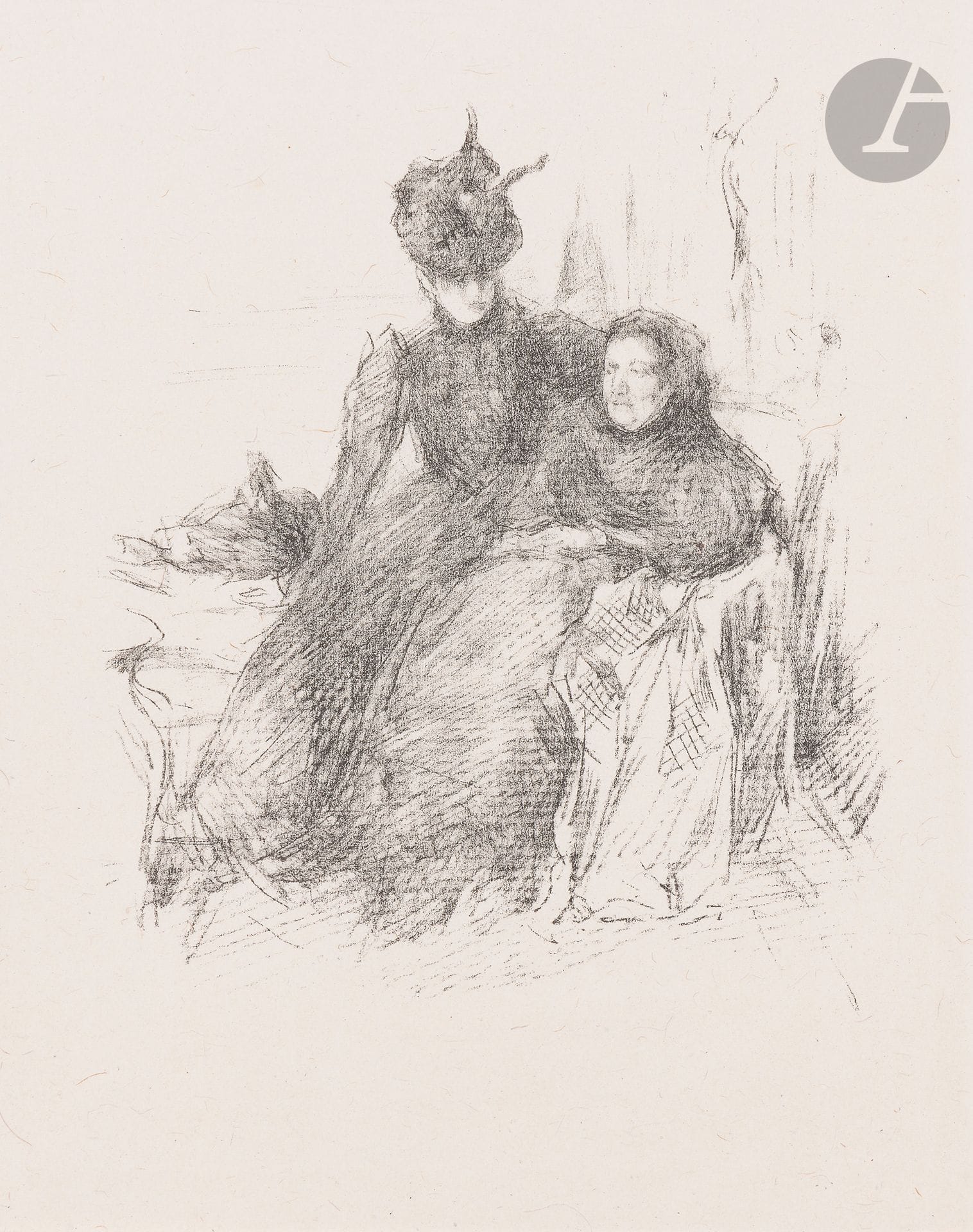 James Abbott Mc Neill Whistler (1834-1903) 
Mother and Daughter (La Mère malade). 1897. Autographie. 160 x 185. Levy 77 ; Tedeschi-Stratis 174. Très belle épreuve d’essai sur chine volant. Très claire oxydation du feuillet. Toutes marges. Tirage définitif à environ 200 épreuves. 

Planche réalisée un an environ après la mort de la femme de Whistler, Beatrix. Les modèles sont sa belle-mère Frances Birnie Philip et une de ses belles-sœurs, probablement Ethel Whibley, croquées dans le salon de la maison de Whistler, rue du Bac.
