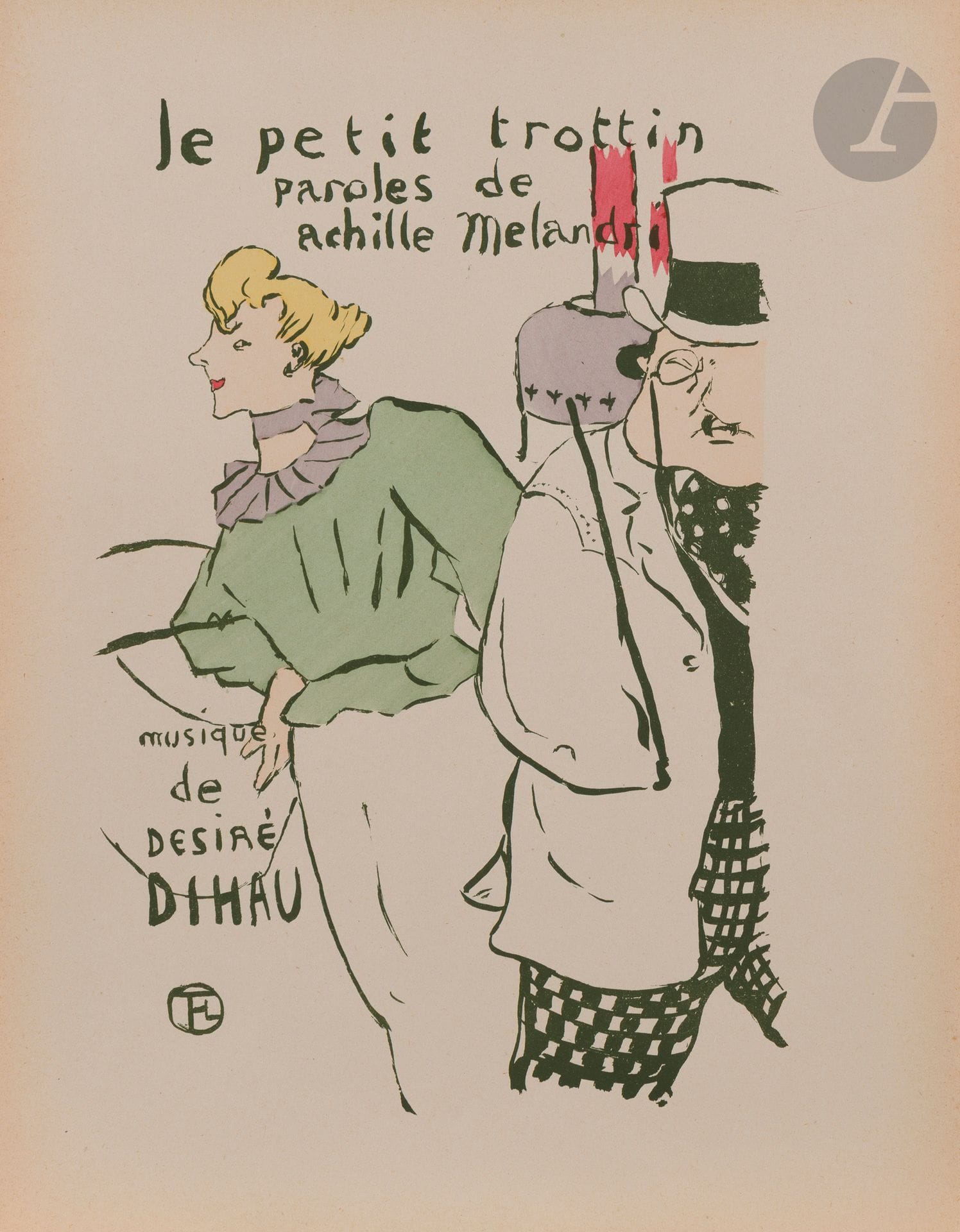 Henri de Toulouse-Lautrec (1864-1901)
Le Petit trottin. 1893. Lithographie. 195 x 270. Delteil 27 ; Wittrock 14. Très belle et fraîche épreuve tirée en vert olive sur vélin glacé ivoire, coloriée au pochoir, d’un tirage effectué après 1901. Légère oxydation aux bords du feuillet. Toutes marges.