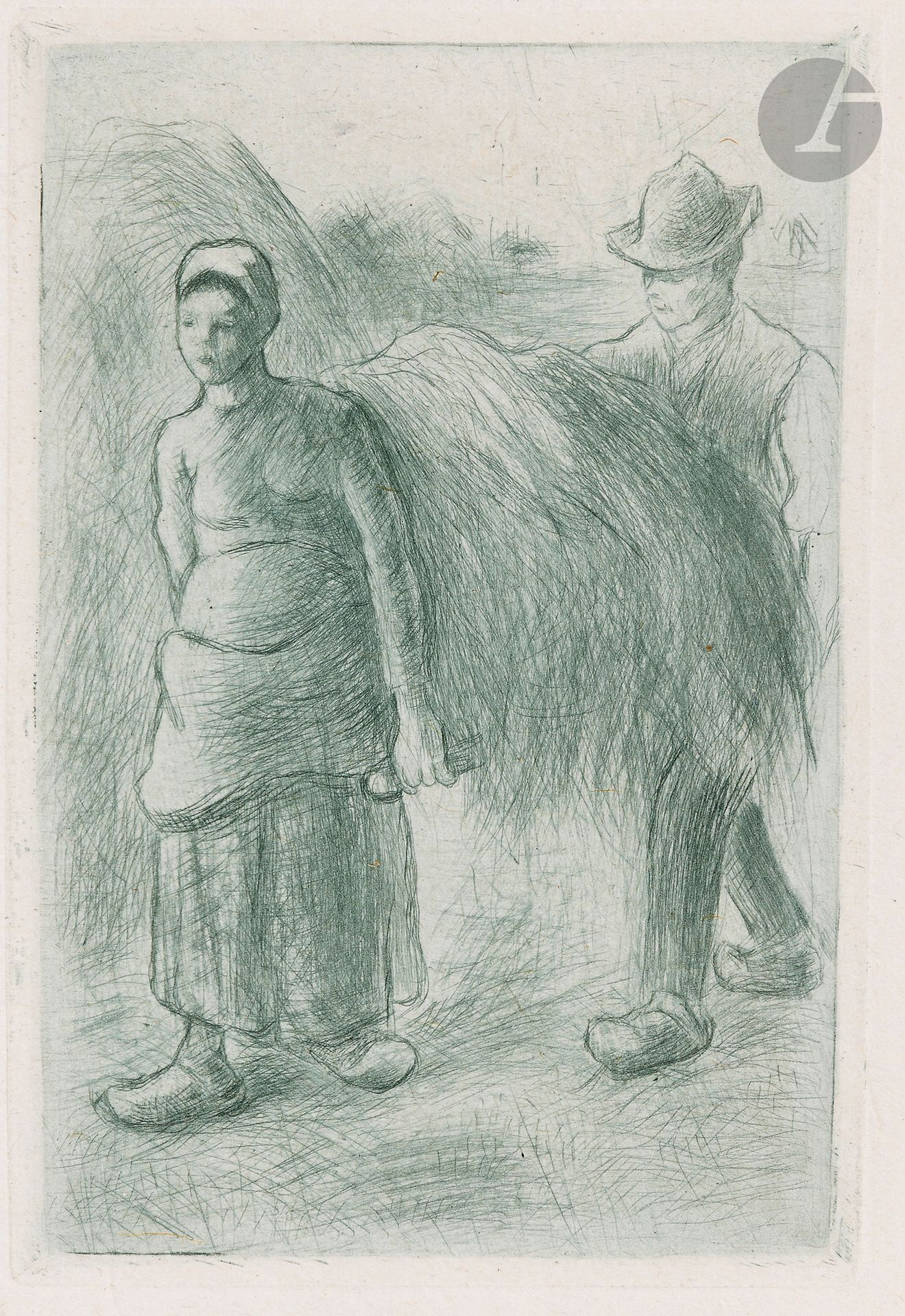 Camille Pissarro (1830-1903)
Paysans portant du foin. 1900. Pointe sèche. 80 x 120. Delteil 126. Réunion de 2 épreuves, l’une tirée en bleu sur chine volant, l’autre en noir sur vergé blanc mince, du tirage pour l’édition de tête de La Vie artistique de G. Geffroy. Trace d’onglet de montage au bord droit (normale). Petit arrachement dans l’angle inférieur gauche à la 1re. Petites marges normales.