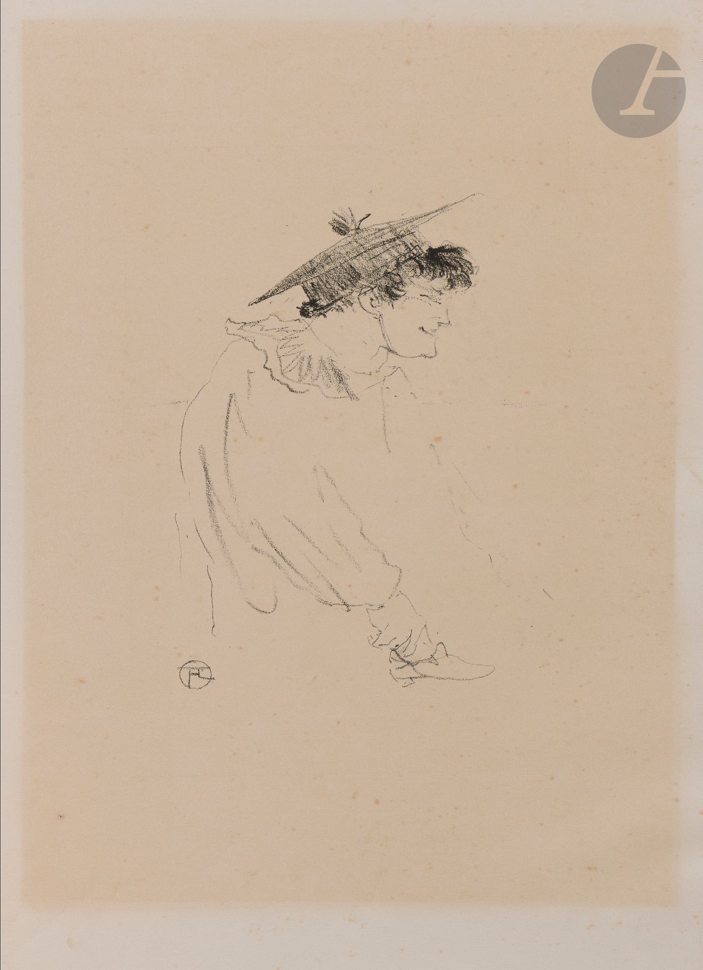 Henri de Toulouse-Lautrec (1864-1901)
Petite fille anglaise (Miss Dolly, Star, Le Havre). 1899. Lithographie. 170 x 220. Delteil 274 ; Wittrock 324. Belle épreuve sur vélin blanc. Oxydation marquée à l’ouverture du passe-partout. Rousseurs claires éparses. Toutes marges [323 x 490]. Très rare : tirage à 20 épreuves environ (dont 10 dans des collections publiques selon Wittrock).