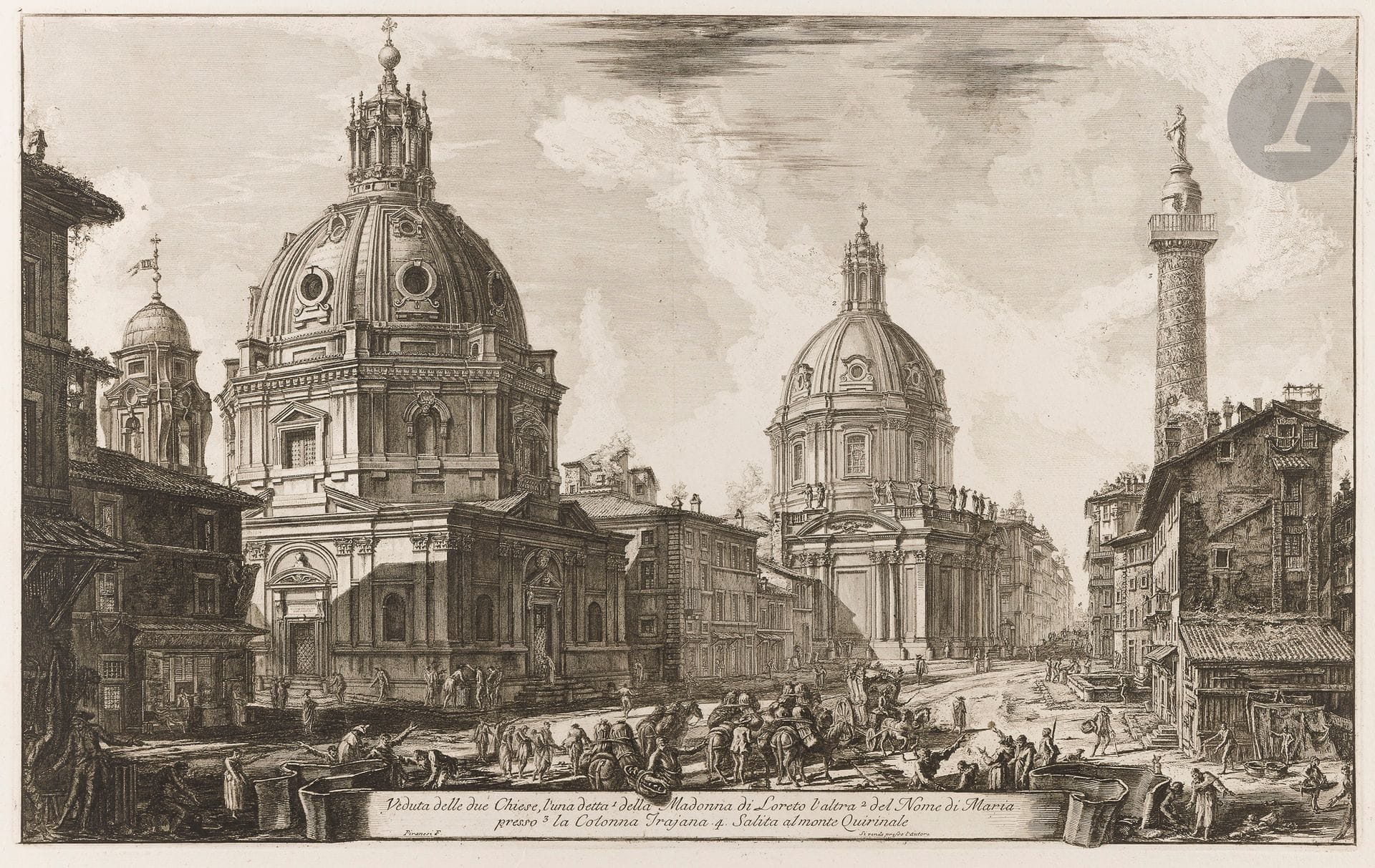 Giambattista Piranesi (1720-1778)
Veduta delle due Chiese, l’una detta della Madonna di Loretto l’altra del Nome di Maria presso la Colonna Trajana… (Vue des deux églises près de la colonne Trajane). 1762. Eau-forte et burin. 685 x 425 [765 x 540]. Hind 66 (ii/iv). Très belle épreuve sur vergé fort, le prix effacé, avant le numéro 30 en haut à droite. Numéro de folio 31 à la plume et à l’encre sépia dans l’angle supérieur droit. Pli vertical médian. Bord gauche irrégulier, déchiqueté, avec petits trous d’onglets de reliure et avec manques. Grandes marges. 1er tirage parisien.