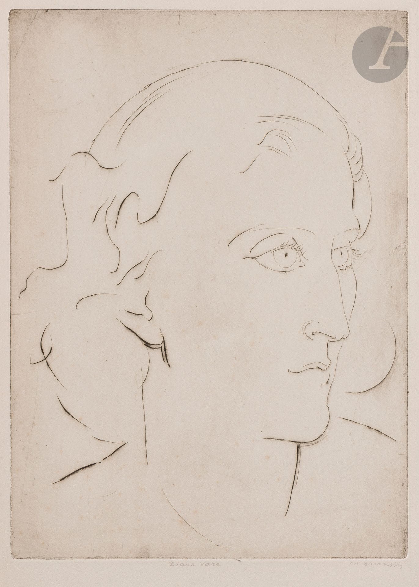 Louis Marcoussis (1883-1941)
Diane Muhlstein-Rothschild. 1938. Pointe sèche. 265 x 363. Milet 197. Très belle épreuve sur vélin blanc fort, titrée « Diana Varé » et signée au crayon. Quelques très claires rousseurs. Toutes marges. Très rare. Tirage à une dizaine d’épreuves.