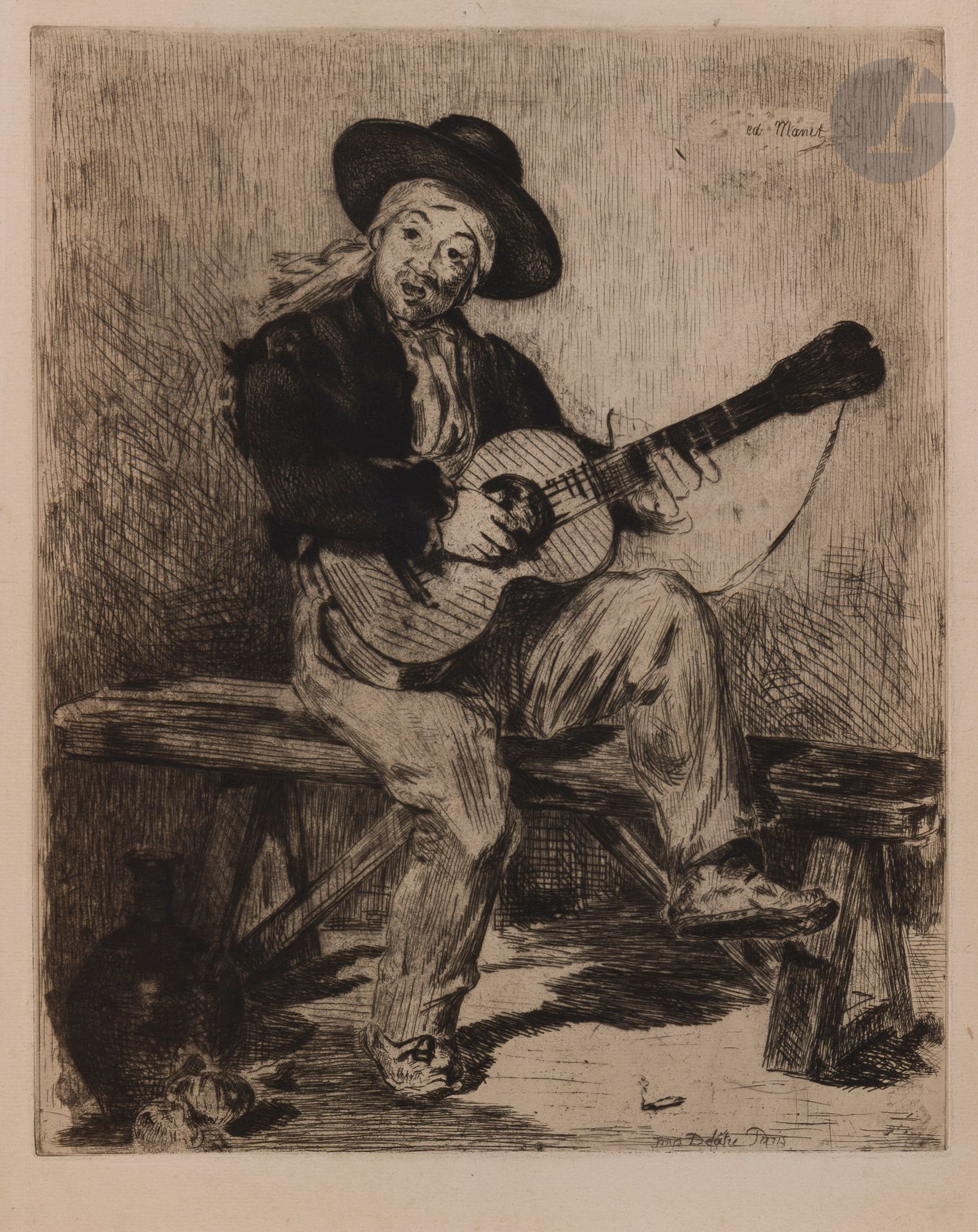 Édouard Manet (1832-1883)
Le Chanteur espagnol, ou Le Guitarero. 1861. Eau-forte et aquatinte. 244 x 298. Guérin 16. Très belle épreuve sur vergé crème. Pli horizontal médian surtout visible au verso. Infimes salissures. Petites traces de colle aux bords du feuillet au verso. Bonnes marges.