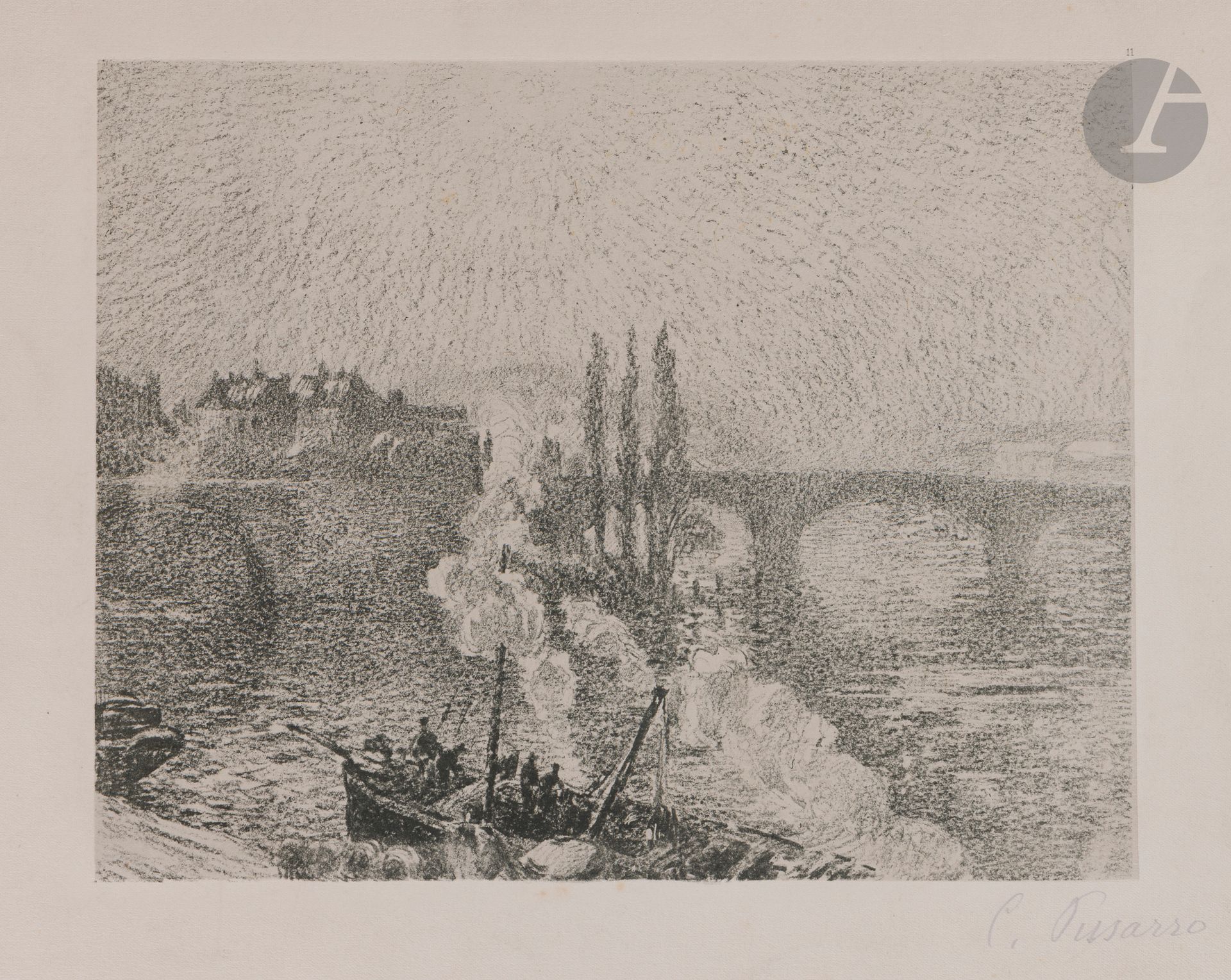 Camille Pissarro (1830-1903) (d’après)
Pont à Rouen. (Pl. 11 pour l’album 25 lithographies par W. Thornley d’après C. Pissarro, Paris, Ch. Hessèle, vers 1900). Lithographie par W. Thornley. 273 x 217. Très belle épreuve sur chine appliqué. Une annotation au crayon « C. Pissarro » sous le sujet. Infimes rousseurs sur le support de vélin crème. Toutes marges.