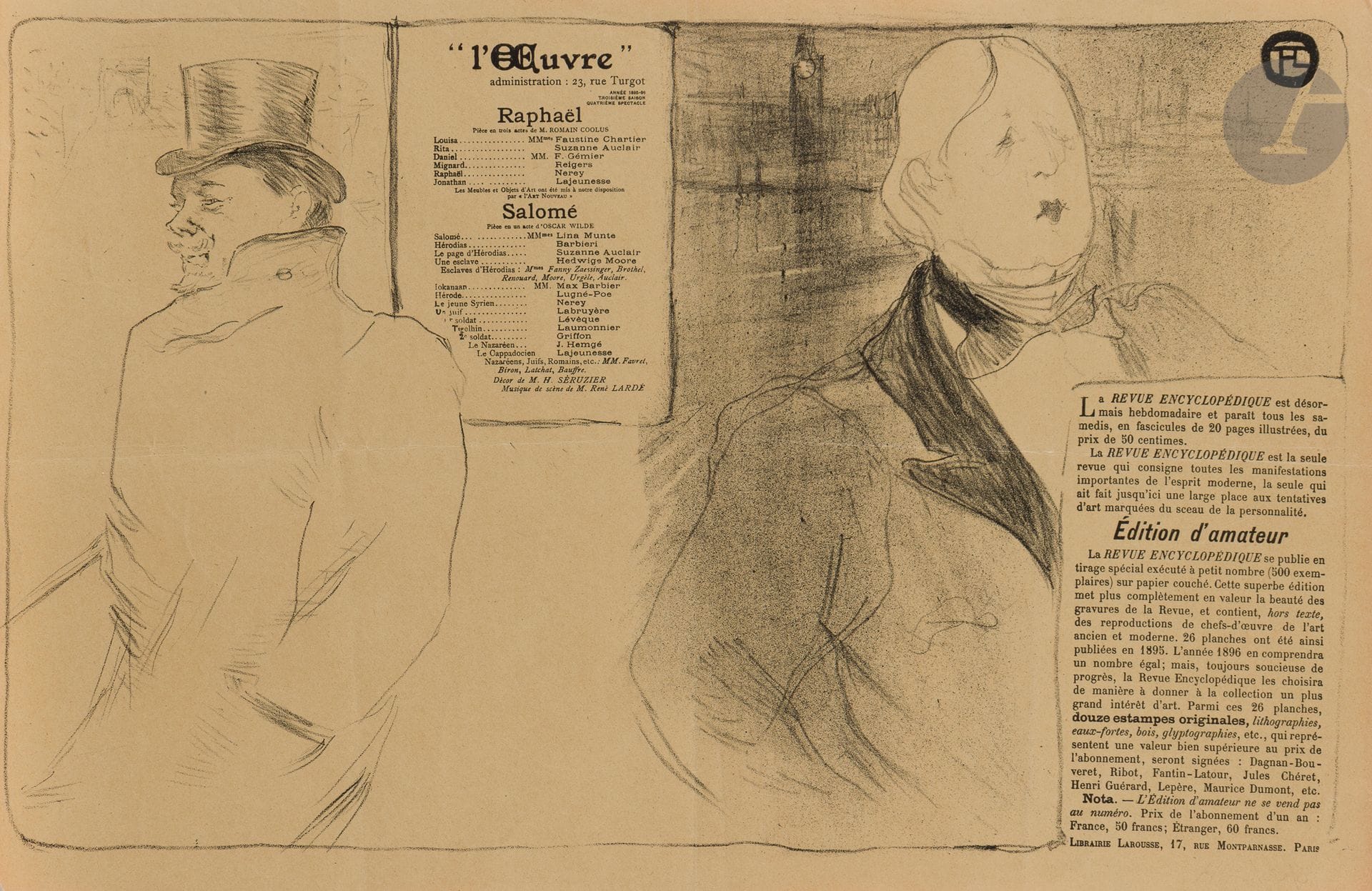 Henri de Toulouse-Lautrec (1864-1901)
Oscar Wilde et Romain Coolus – « Raphaël » de Romain Coolus ; « Salomé » d’Oscar Wilde. (Programme pour le Théâtre de l’œuvre). 1896. Lithographie. 488 x 300 [505 x 320]. Delteil 195 ; Wittrock 146 ; Aitken 80. Très belle épreuve sur vélin mince glacé ivoire tendant sur le jaune, avec la réclame pour La Revue encyclopédique et le texte de la distribution. Toutes marges. Légers plis verticaux et horizontaux perceptibles recto et verso. Petit arrachement dans l’angle inférieur gauche, l’angle supérieur droit légèrement corné. Rare : on ne connaît que 13 épreuves dans des collections publiques selon Wittrock.