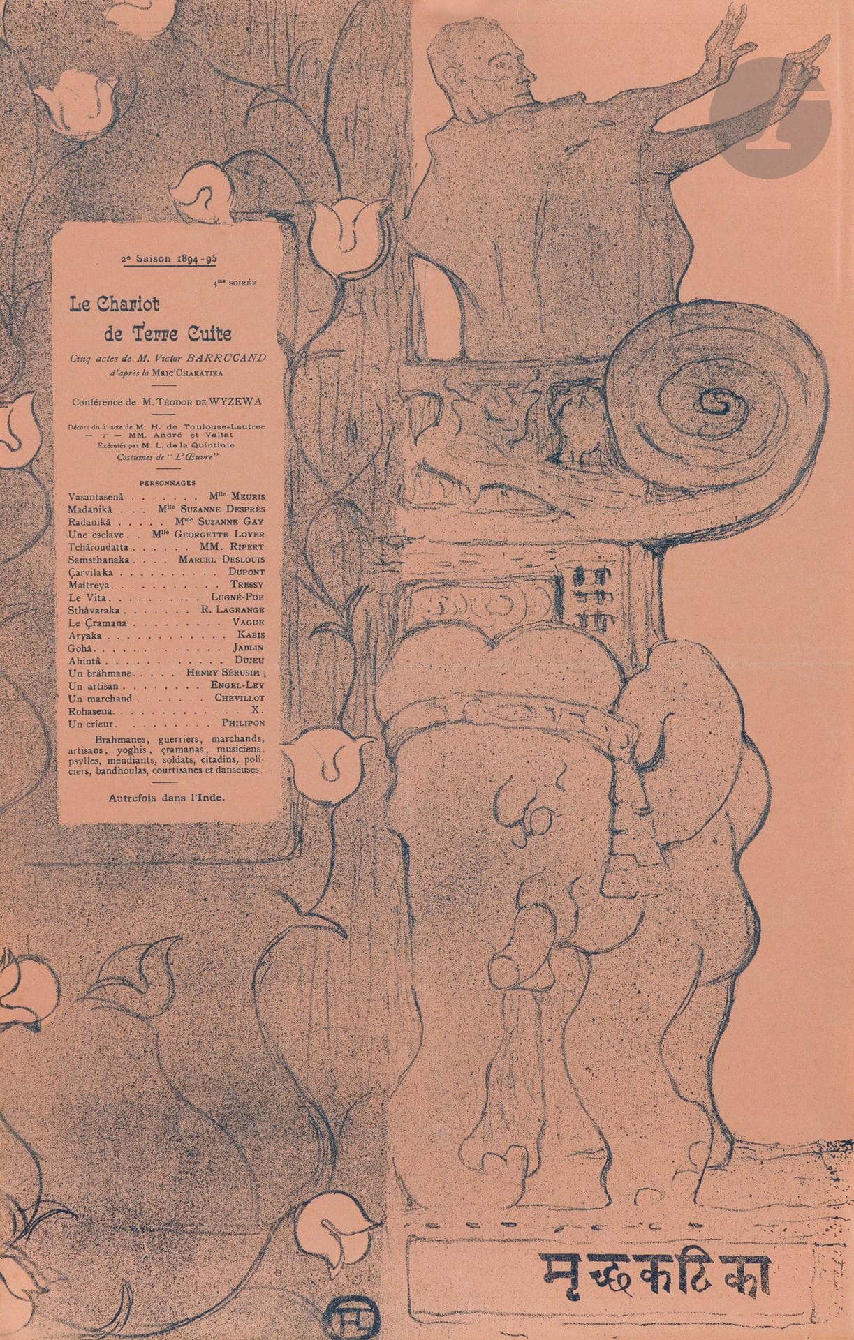 Henri de Toulouse-Lautrec (1864-1901)
Le Chariot de terre cuite. (Programme pour le Théâtre de l’Œuvre). 1895. Lithographie. [279 x 440]. Delteil 78 ; Wittrock 89 ; Aitken 69. Impression en bleu. Très belle et fraîche épreuve sur vélin teinté saumon, tirée pleine feuille. Fin pli horizontal médian. Toutes marges.