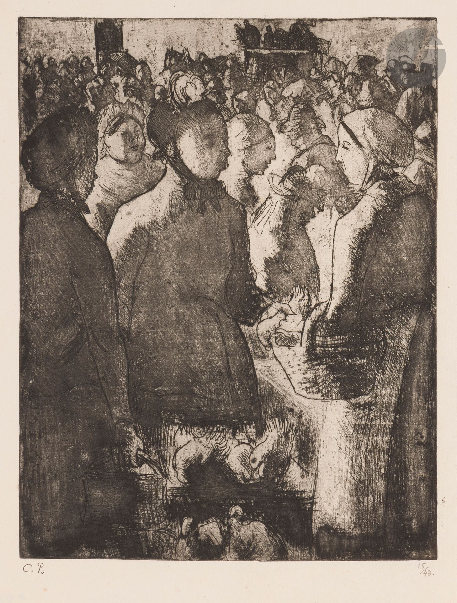 Camille Pissarro (1830-1903)
Marché à la volaille, à Gisors. 1891. Eau-forte sur zinc. 188 x 252. Delteil 98. Très belle épreuve sur vergé mince crème, du tirage de 1923 à 43 épreuves, timbrée (Lugt 613e) et numérotée au crayon (outre le tirage à 10 épreuves du vivant de l’artiste). Infime empoussiérage aux bords du feuillet. Toutes marges.