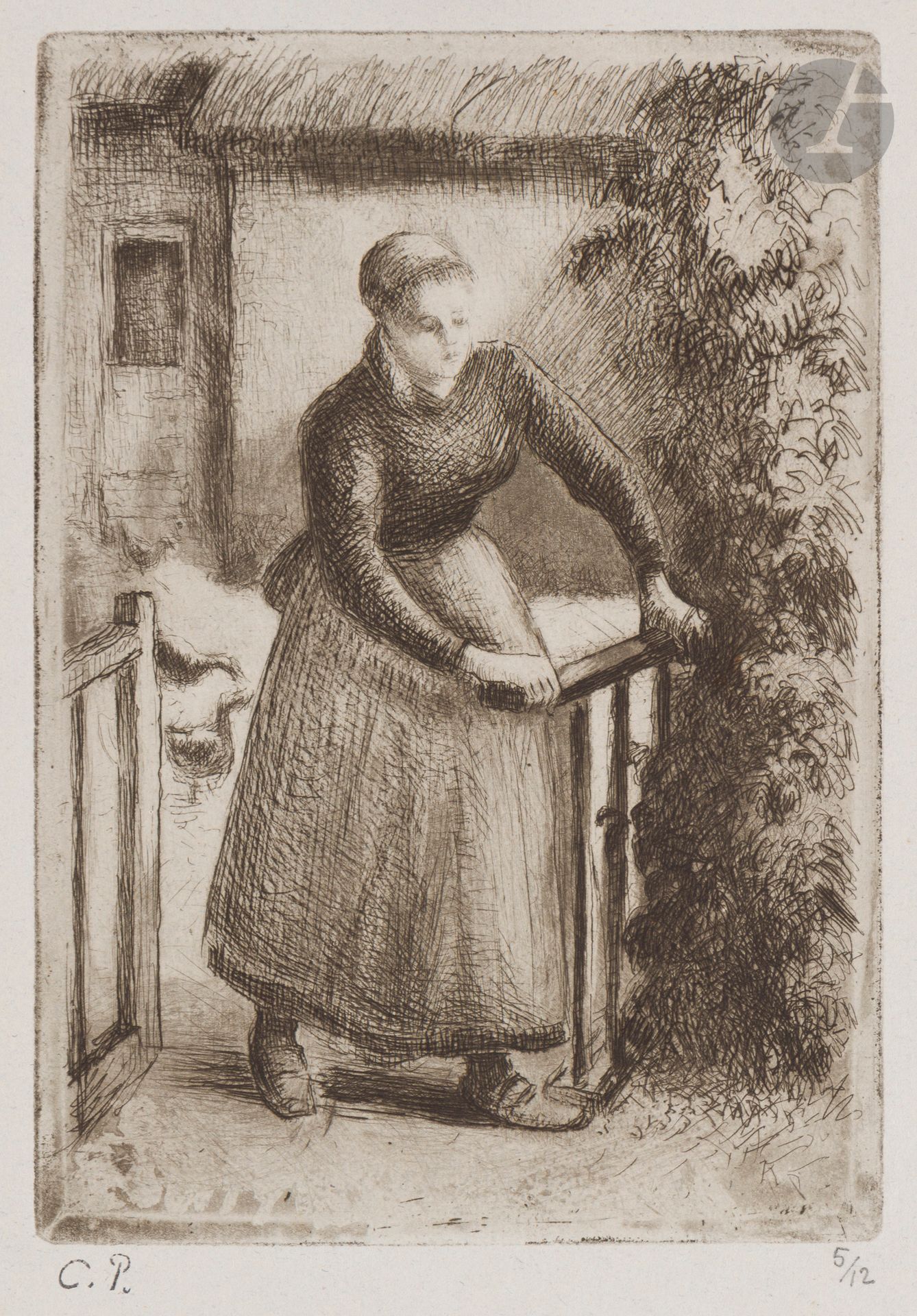 Camille Pissarro (1830-1903)
Femme à la barrière. 1889. Eau-forte, pointe sèche et aquatinte. 110 x 160. Delteil 84. Très belle épreuve sur vergé ancien azuré, du tirage de 1923 à 12 épreuves, timbrée (Lugt 613e) et numérotée au crayon (outre le tirage à une quarantaine d’épreuves du vivant de l’artiste). Quelques petits points de rouille inhérents à la texture du papier, visibles au verso. Toutes marges.