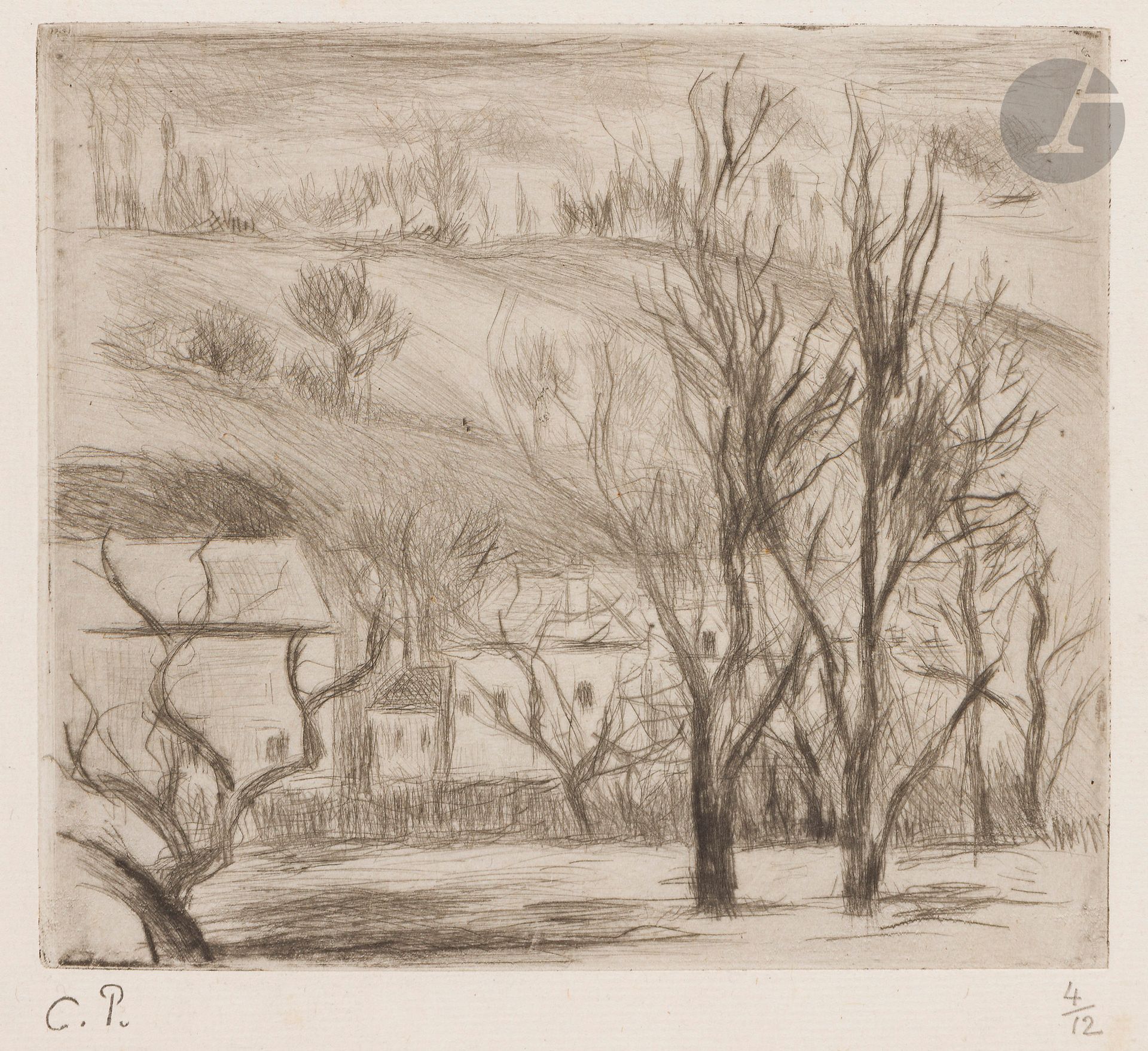 Camille Pissarro (1830-1903)
Paysage à l’Hermitage (Pontoise). 1880. Pointe sèche. 123 x 110. Delteil 28. Très belle épreuve sur vergé ancien mince, l’une des 12 du tirage de 1923 (outre le tirage à quelques épreuves du vivant de l’artiste), timbrée (Lugt 613e) et numérotée au crayon. Traces d’encre sépia ayant bavé au bord gauche du feuillet. Légère oxydation le long des bords. Toutes marges.