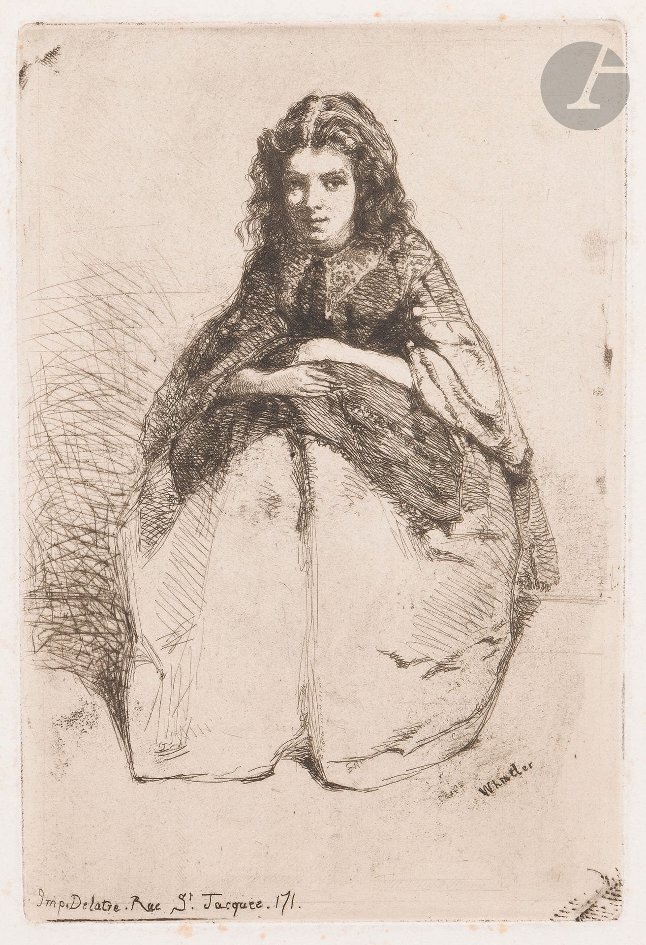 James Abbott Mc Neill Whistler (1834-1903) 
Fumette. (Pl. de la suite Twelve Etchings from Nature). 1858. Eau-forte et pointe sèche. 108 x 160. Kennedy 13. Belle épreuve sur chine appliqué. Rousseurs claires éparses sur le support. Petite trace claire d’oxydation à l’ouverture d’un ancien montage. Toutes marges [242 x 323].