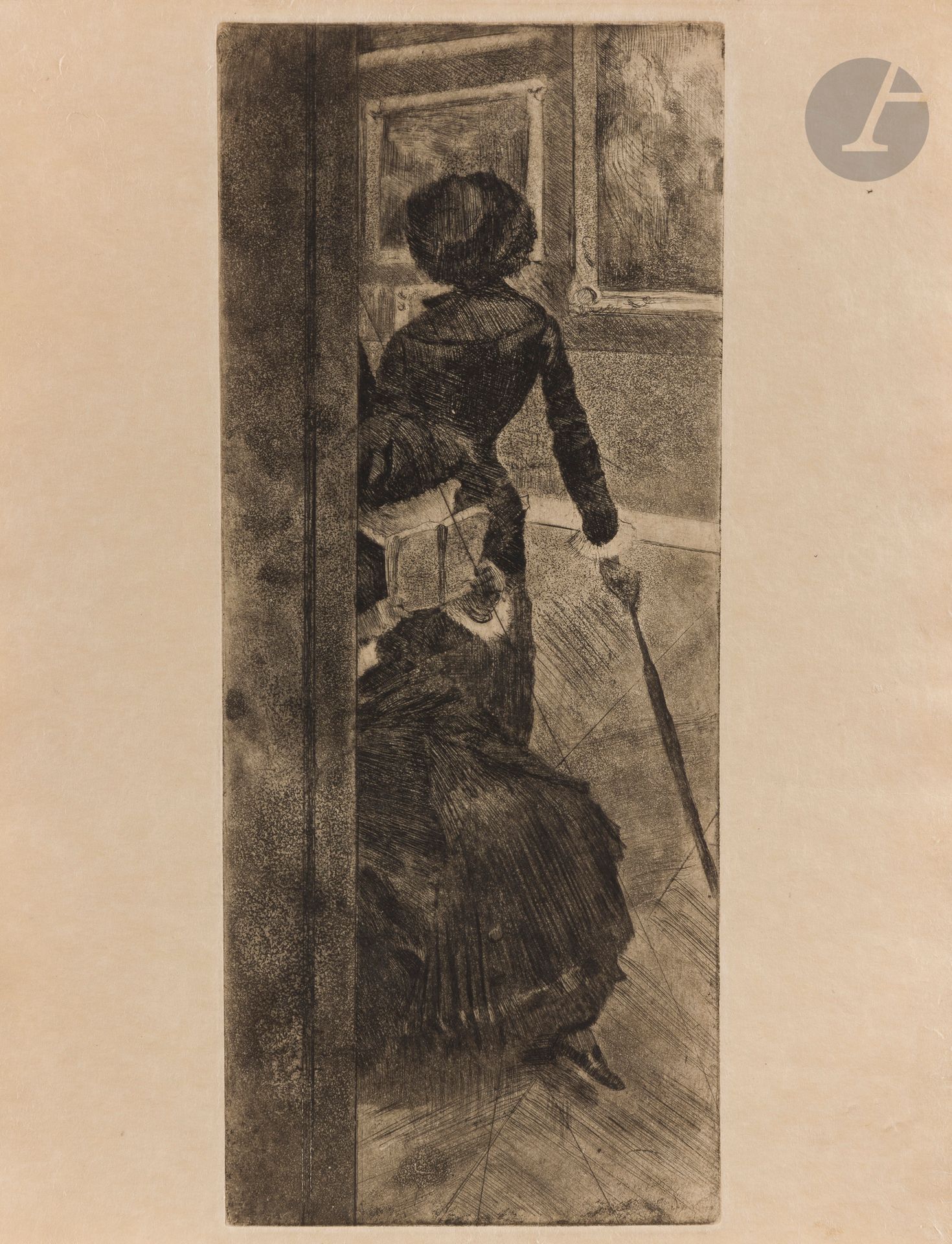 Edgar Degas (1834-1917)
Au Louvre : la peinture (Mary Cassatt). Vers 1876. Eau-forte, pointe sèche et aquatinte. 125 x 303. Delteil 29 ; Reed-Shapiro 52. Très belle épreuve sur simili-japon fort, du tirage effectué du cuivre biffé pour Ambroise Vollard (1918). Toutes marges.