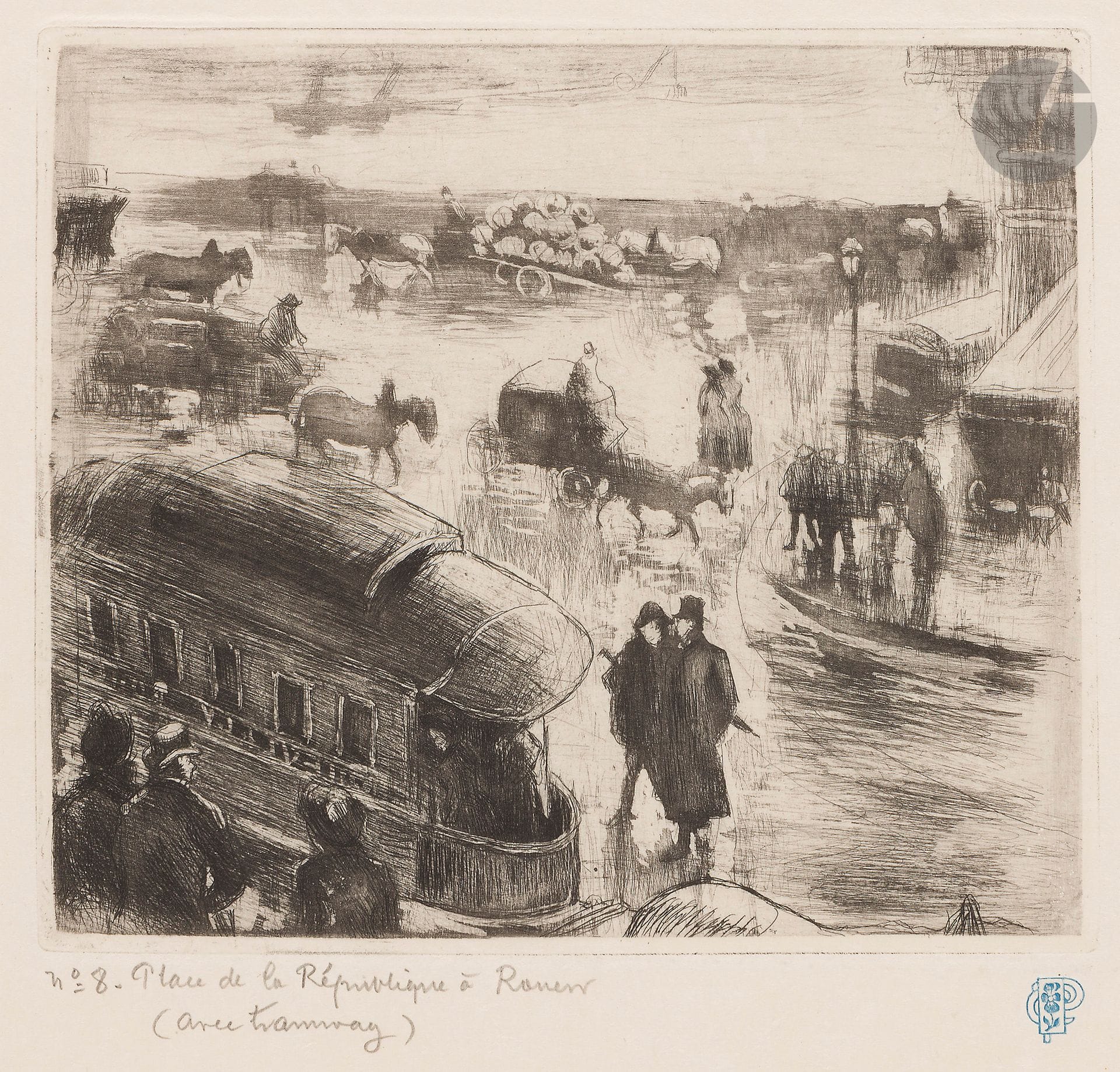 Camille Pissarro (1830-1903)
Place de la République à Rouen (avec tramway). 1883. Eau-forte et aquatinte. 170 x 148. Delteil 65. Très belle et fraîche épreuve, l’une des 10 sur japon, du tirage de 1907 à 40 épreuves, numérotée au crayon, titrée (par une main étrangère) « Place de la République à Rouen (avec tramway) » et timbrée (Lugt 613d) (outre le tirage à une dizaine d’épreuves du vivant de l’artiste). Toutes marges.